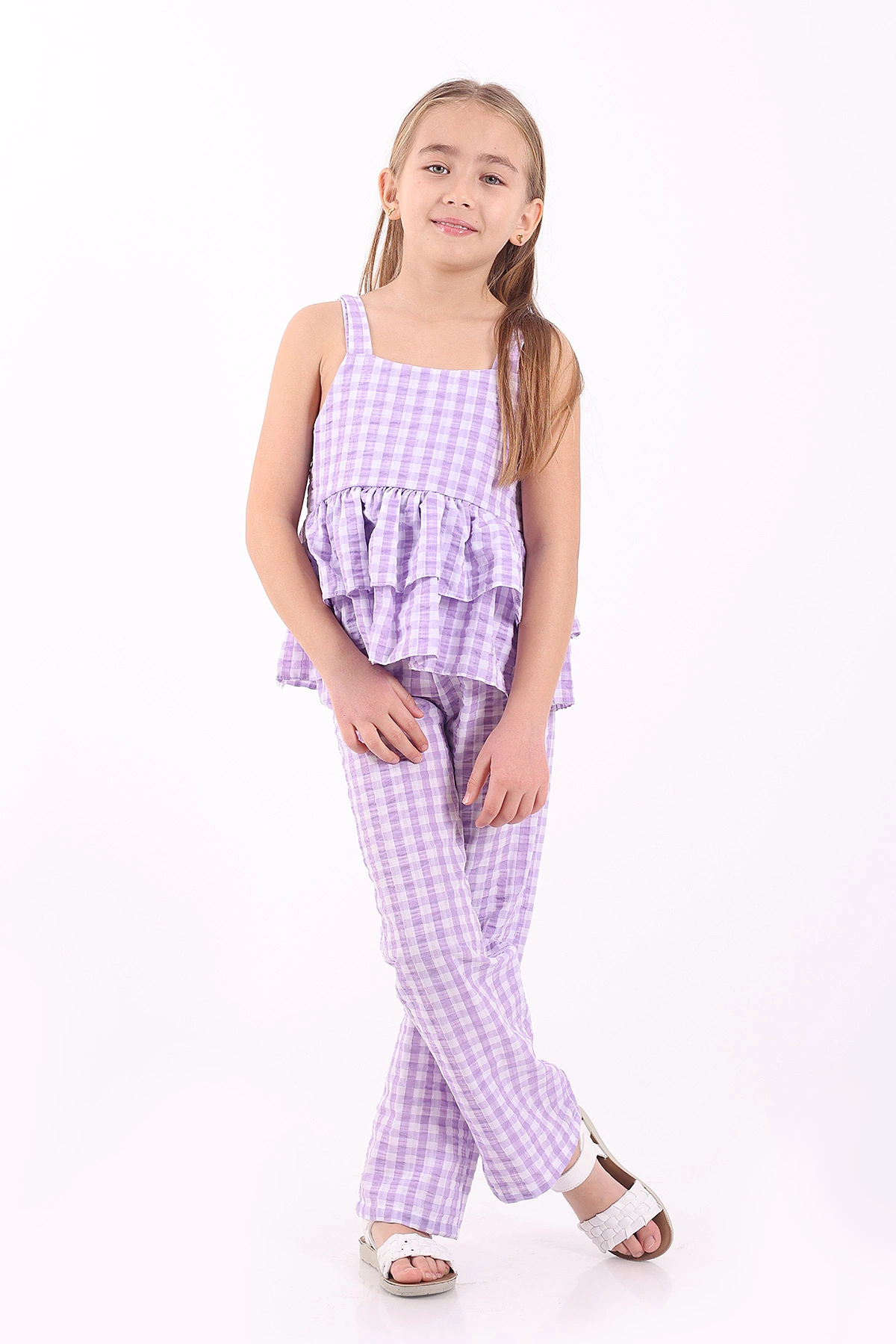 Lila (3-10 Yaş)Pötikare Desen Yarım Düğmeli Katlı Keten Kız Çocuk Yazlık Takım 344627