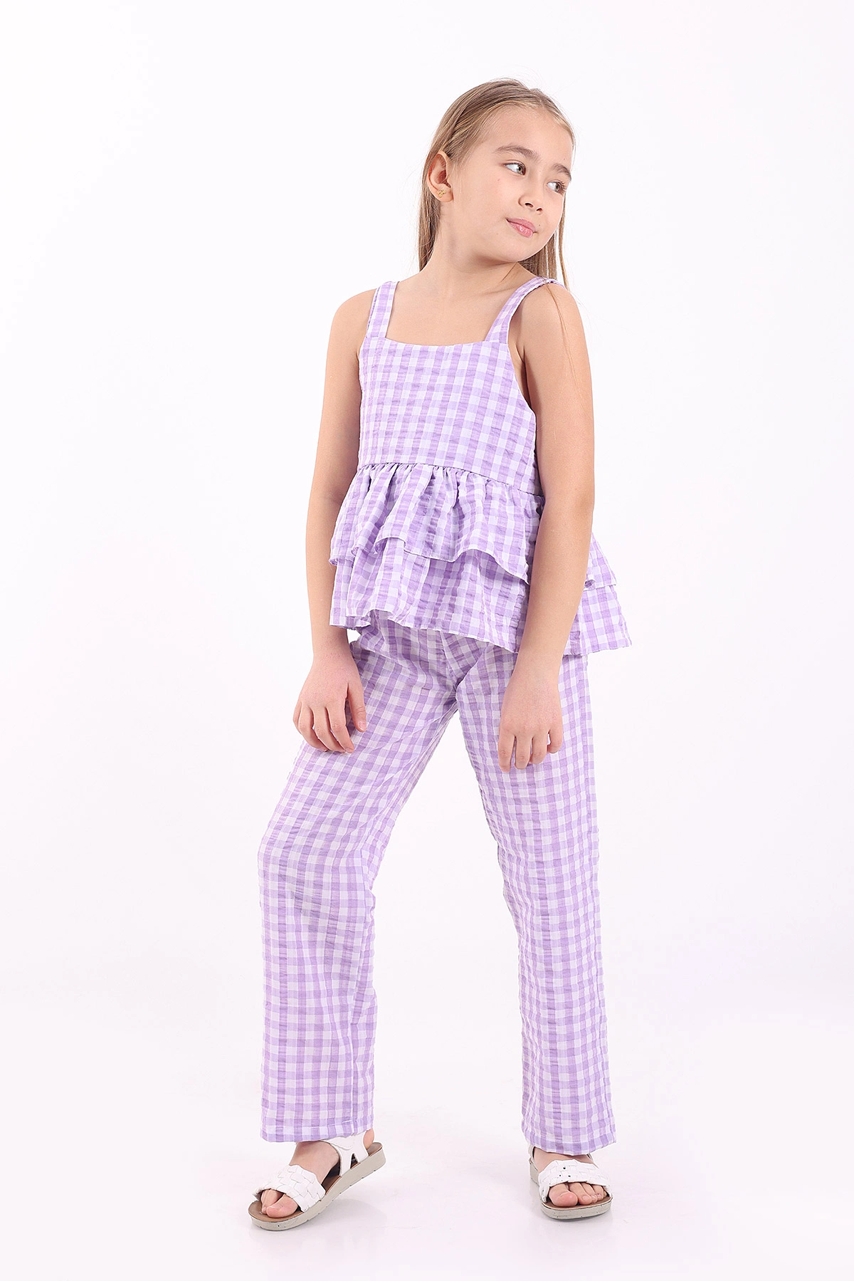 Lila (3-10 Yaş)Pötikare Desen Yarım Düğmeli Katlı Keten Kız Çocuk Yazlık Takım 344627
