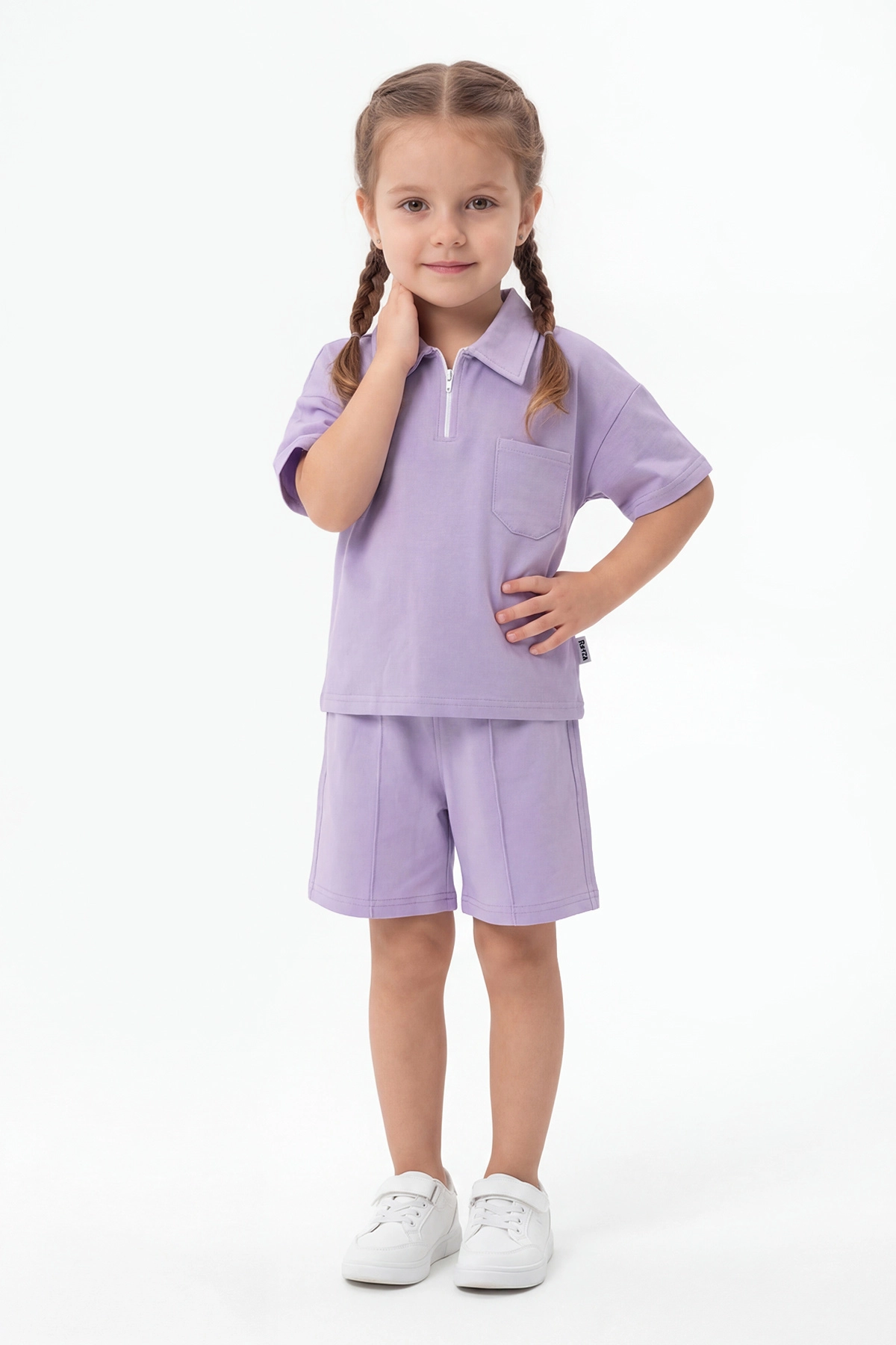 Lila (3-10 Yaş)Yarım Fermuar Yakalı Cep Detaylı Çimalı Şortlu Kız Çocuk Takım 447124