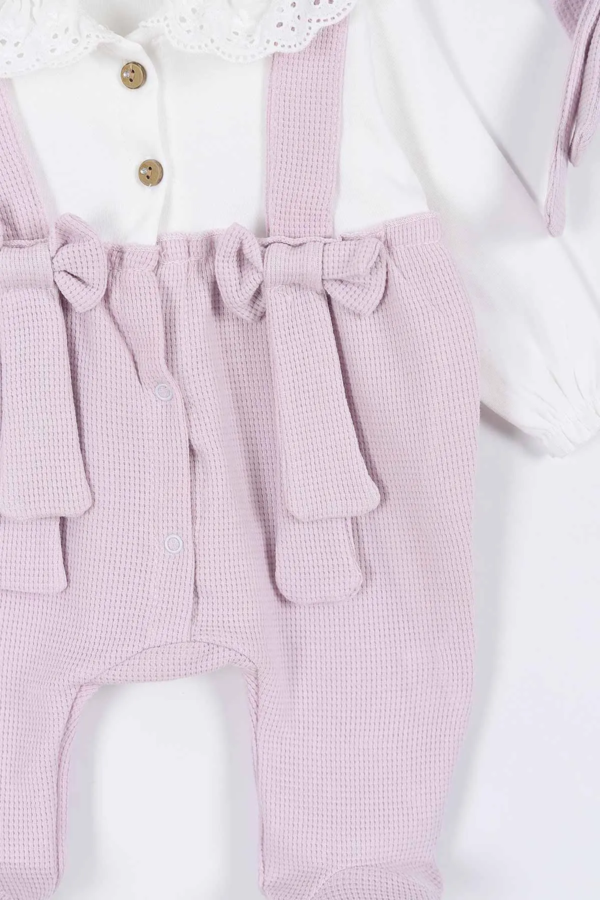 Lila (3-12 Ay) Güpür Yaka Detaylı Fiyonklu Patikli Şapkalı Kız Bebek Tulum 304146