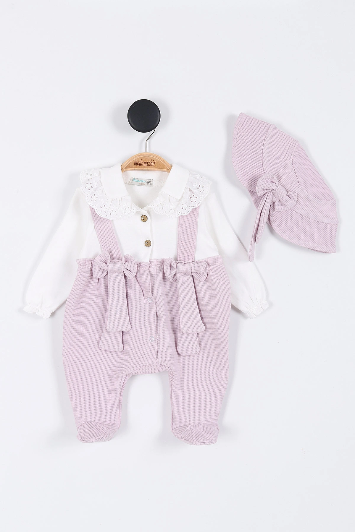 Lila (3-12 Ay) Güpür Yaka Detaylı Fiyonklu Patikli Şapkalı Kız Bebek Tulum 304146