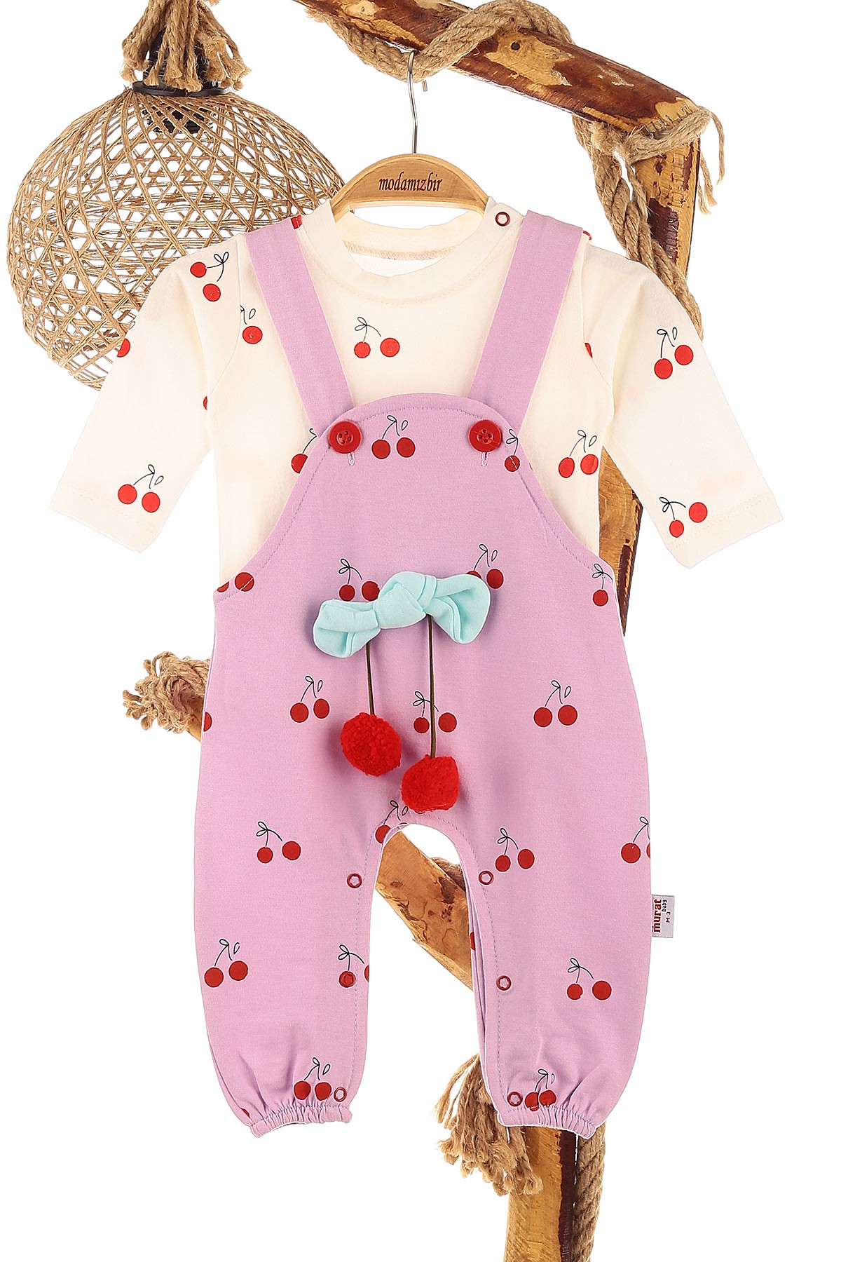 Lila (3-12 Ay) Kiraz Baskılı Ponponlu Kız Çocuk Tulum 152367