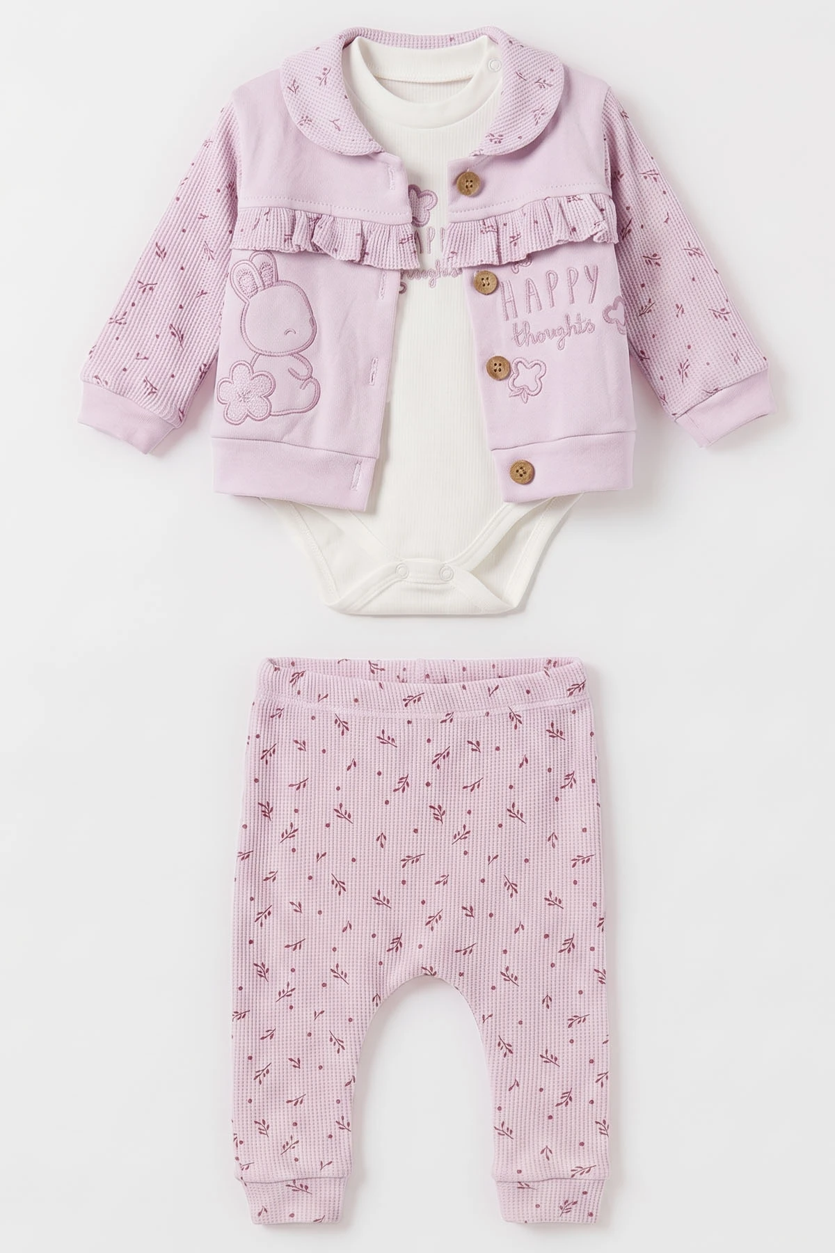 Lila (3-12 Ay) Nakışlı Hırkalı Waffle Kız Bebek 3'lü Takım 479431