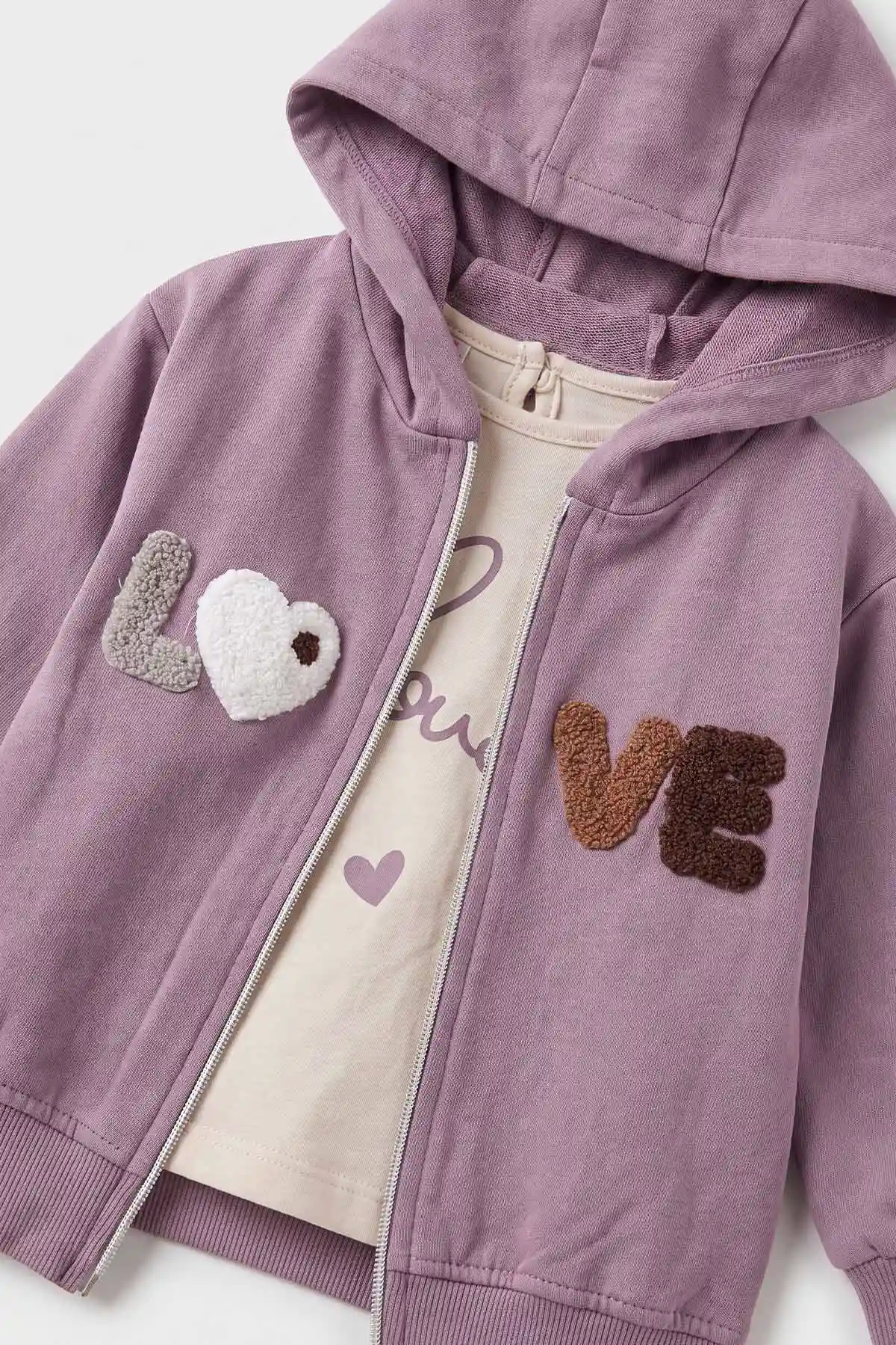 Lila (3-18 Ay) Love Nakışlı 3'lü Kapüşonlu Kız Bebek Takım 475896