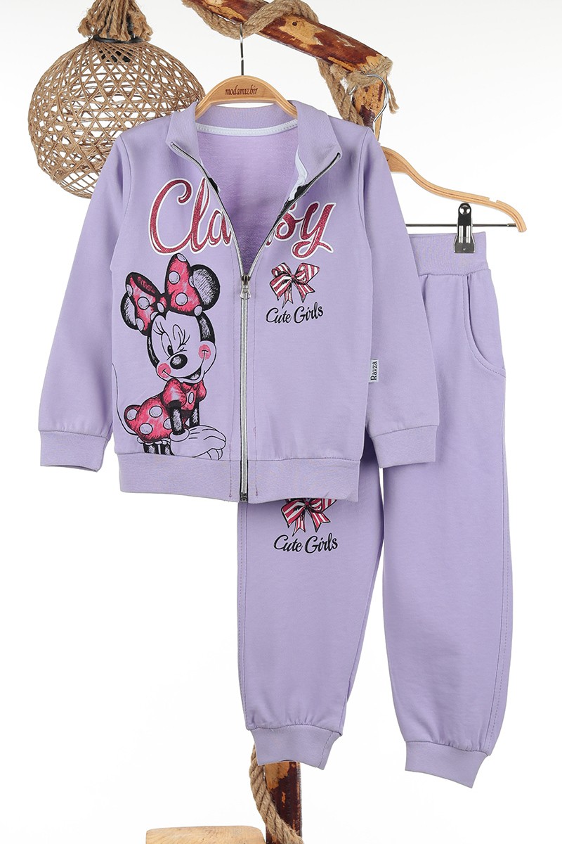 Lila (3-6 Yaş) Papyonlu Kız Baskılı Kız Çocuk Takım 142634