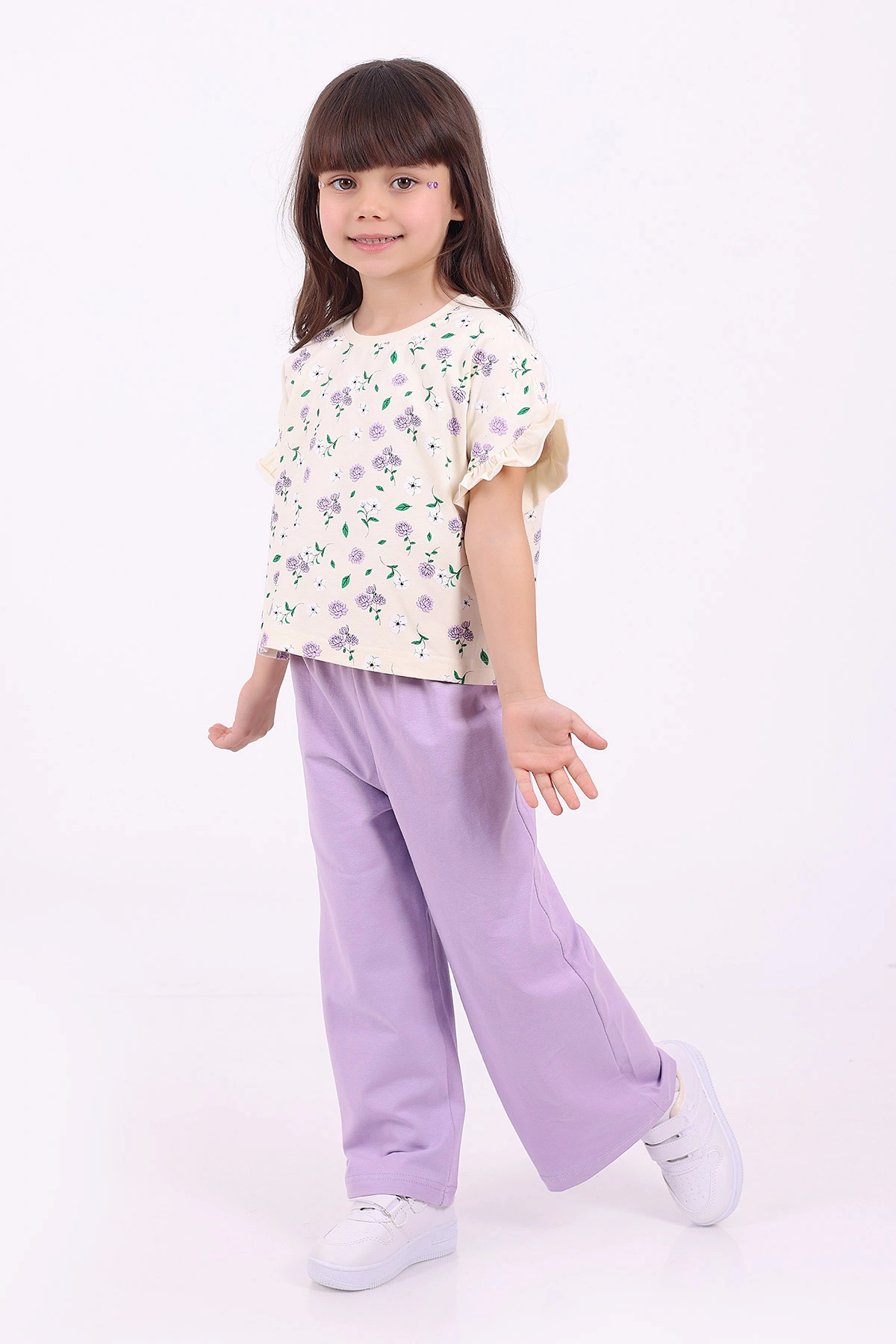 Lila (3-6 Yaş)Çiçek Baskılı Kol Fırfırlı  Kız Çocuk Yazlık Takım 347592