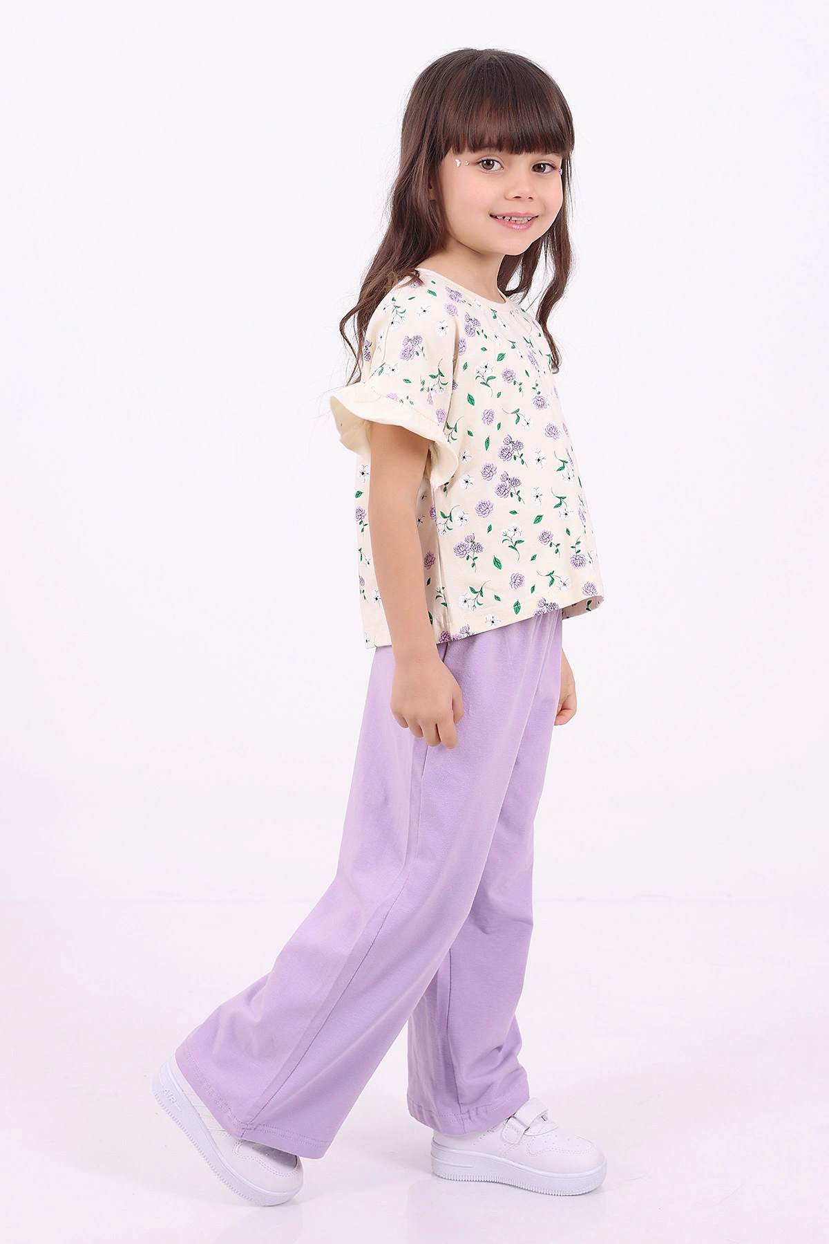 Lila (3-6 Yaş)Çiçek Baskılı Kol Fırfırlı  Kız Çocuk Yazlık Takım 347592