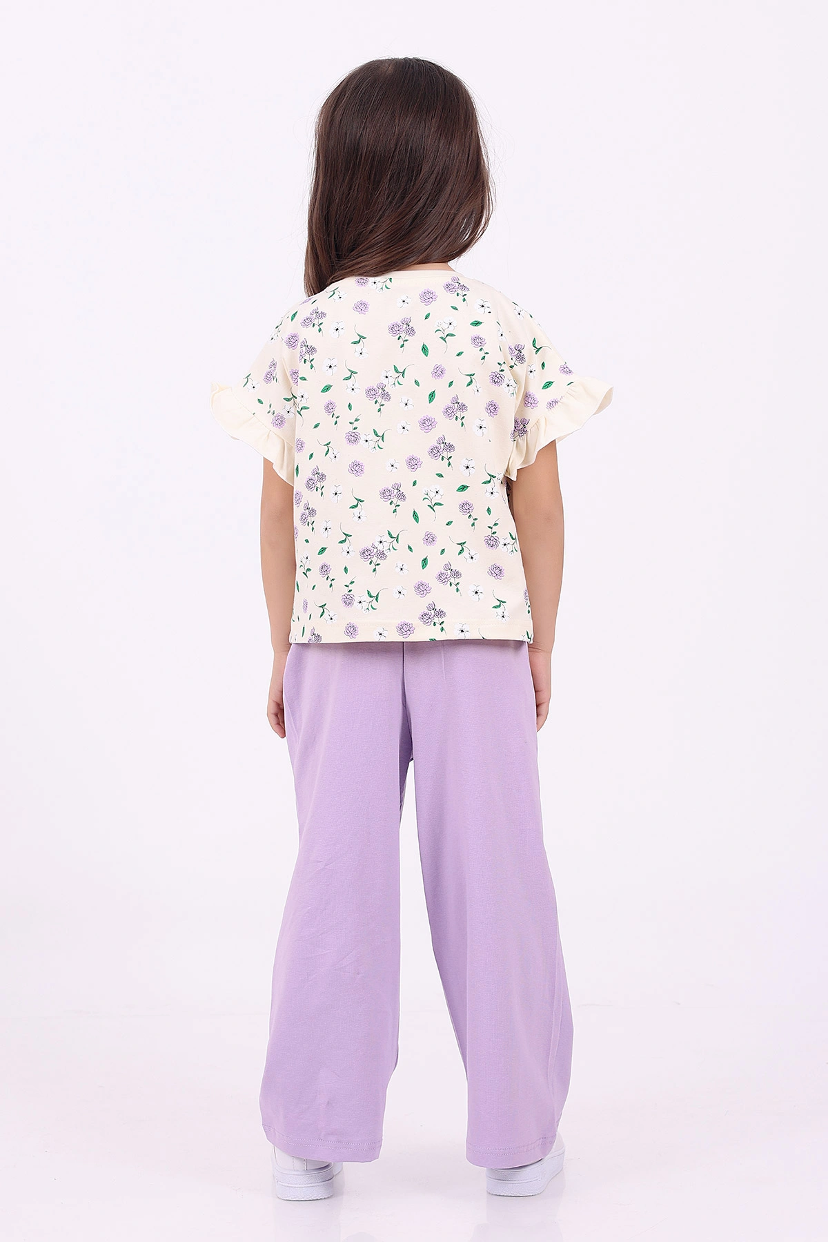 Lila (3-6 Yaş)Çiçek Baskılı Kol Fırfırlı  Kız Çocuk Yazlık Takım 347592