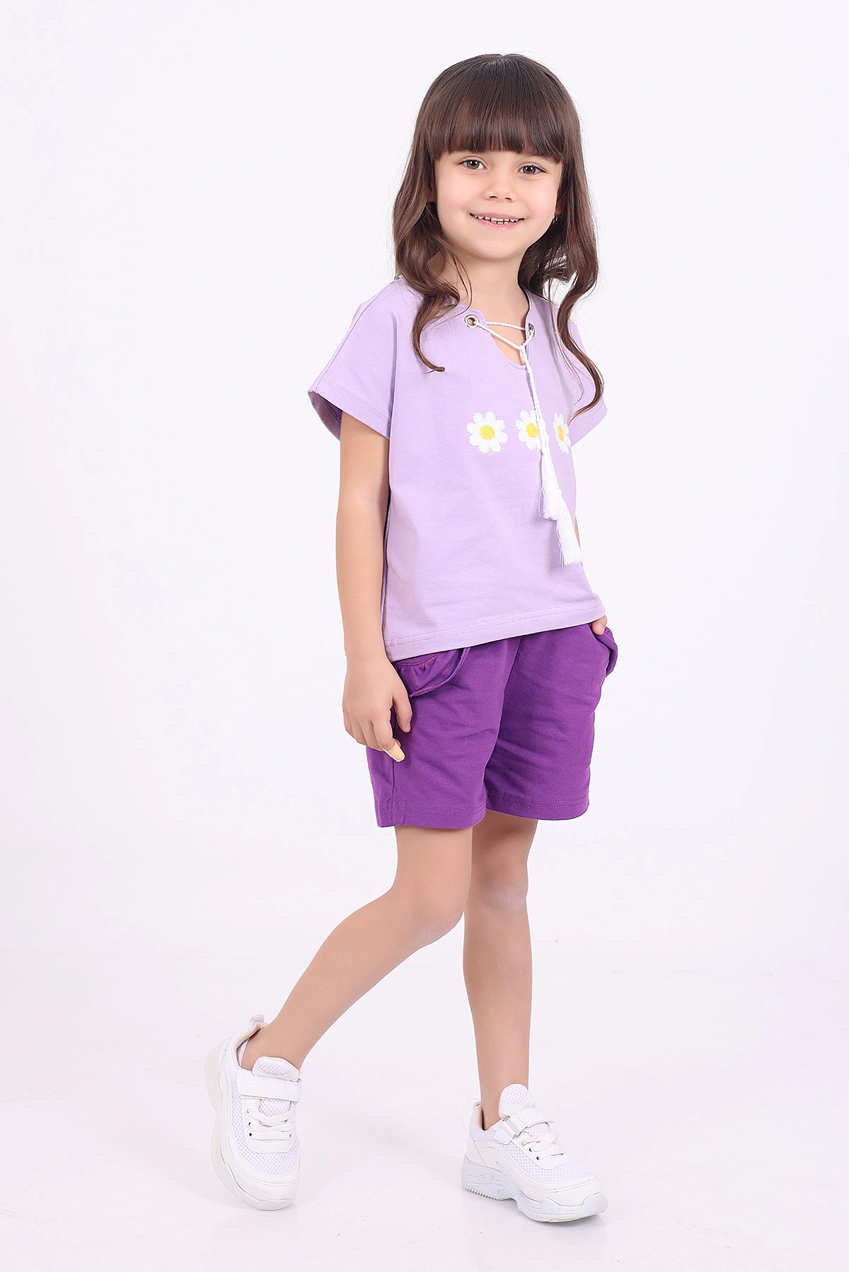Lila (3-6 Yaş)İp Bağlamalı Çiçek Nakışlı Şortlu Kız Çocuk Yazlık Takım 347490