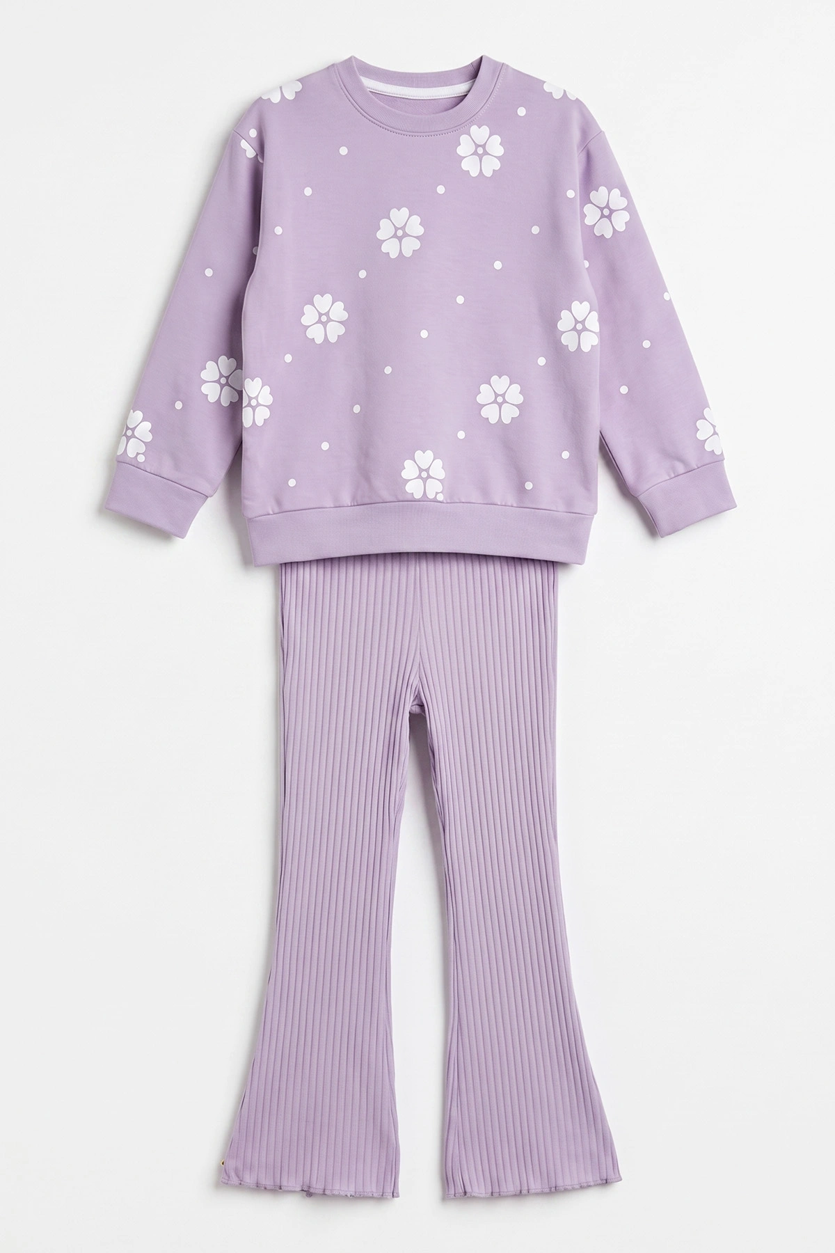 Lila (3-8 Yaş) Çiçek Baskılı 2 İp Sweatli Fitilii Bol Paça Taytlı Kız Çocuk Mevsimlik Takım 484945