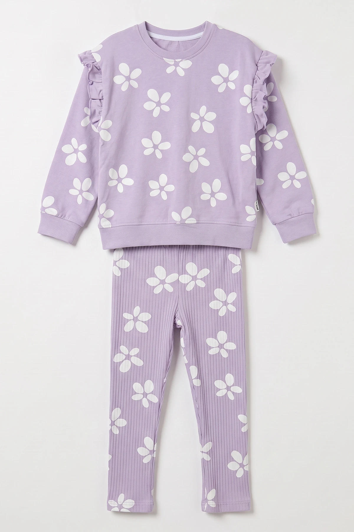 Lila (3-8 Yaş) Çiçek   Baskılı 2 İp Sweatli Fitilli Taytlı Kız Çocuk Mevsimlik Takım 490375