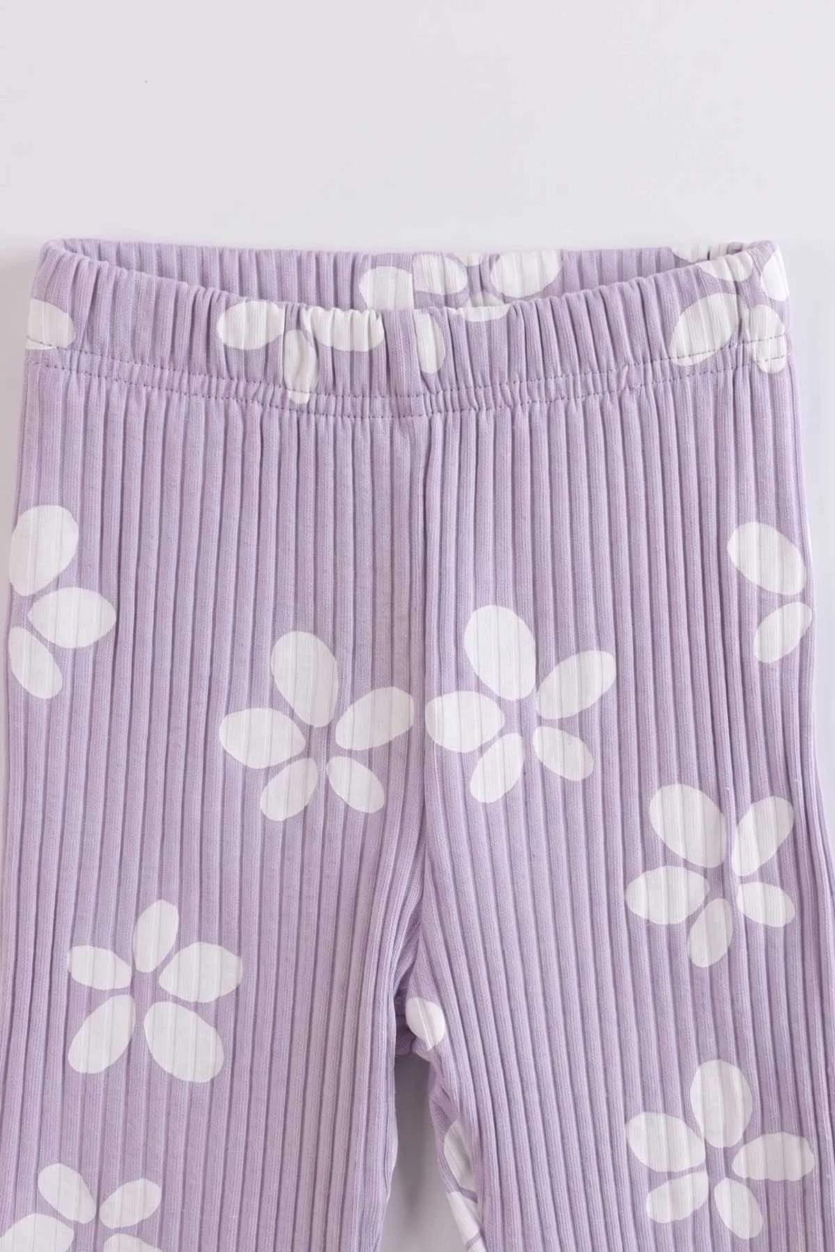 Lila (3-8 Yaş) Çiçek   Baskılı 2 İp Sweatli Fitilli Taytlı Kız Çocuk Mevsimlik Takım 490375
