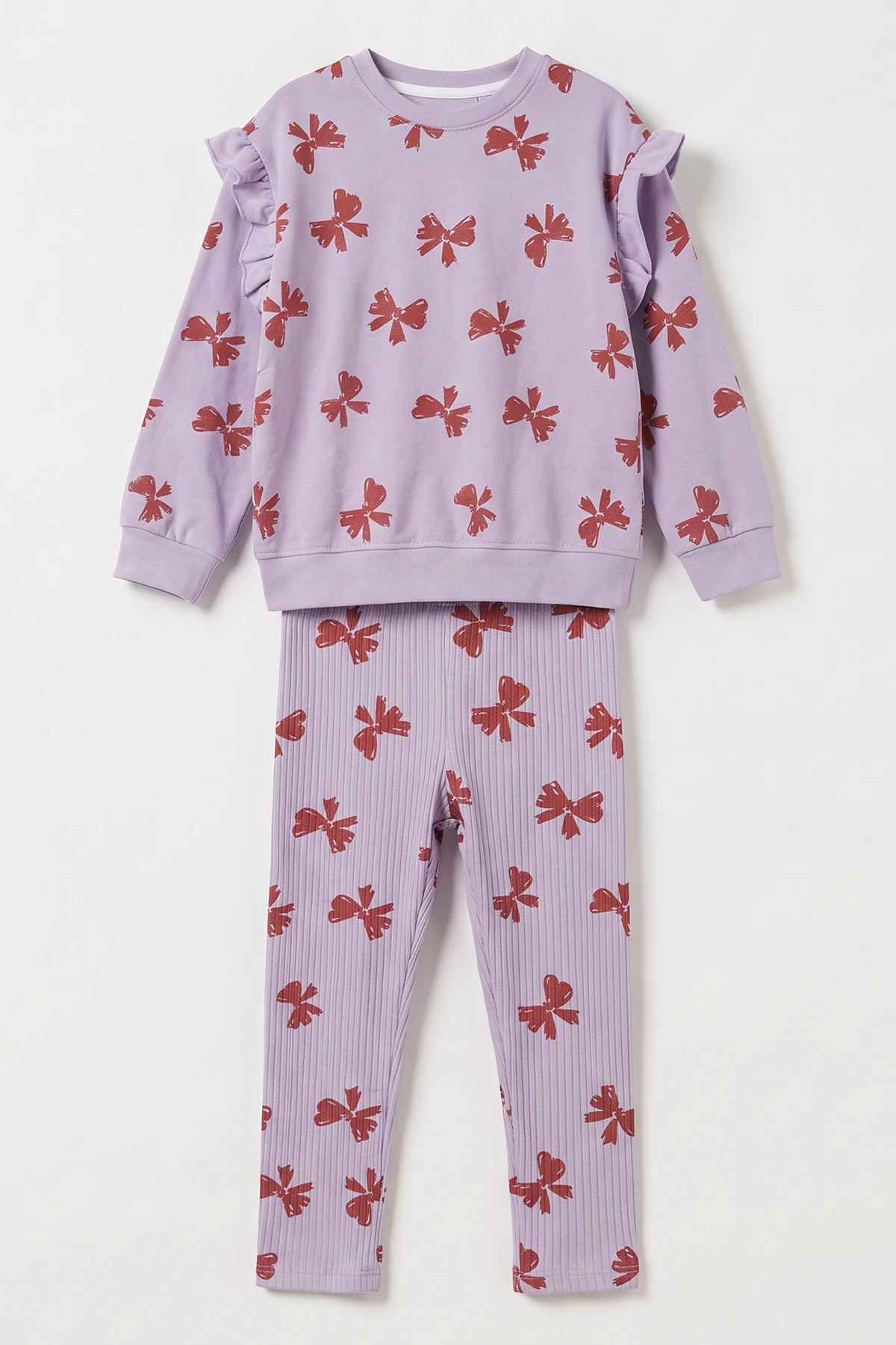 Lila (3-8 Yaş) Fiyonk  Baskılı 2 İp Sweatli Fitilli Taytlı Kız Çocuk Mevsimlik Takım 490372