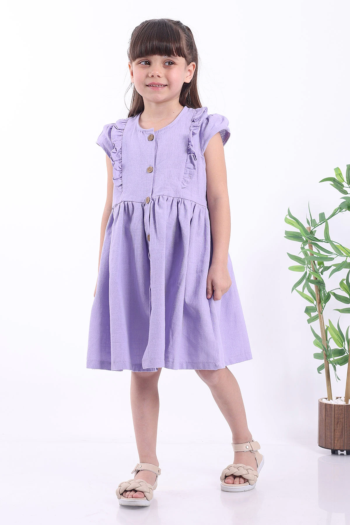 Lila (3-8 Yaş)Önden Fırfırlı Düğmeli Kız Çocuk Elbise 345127