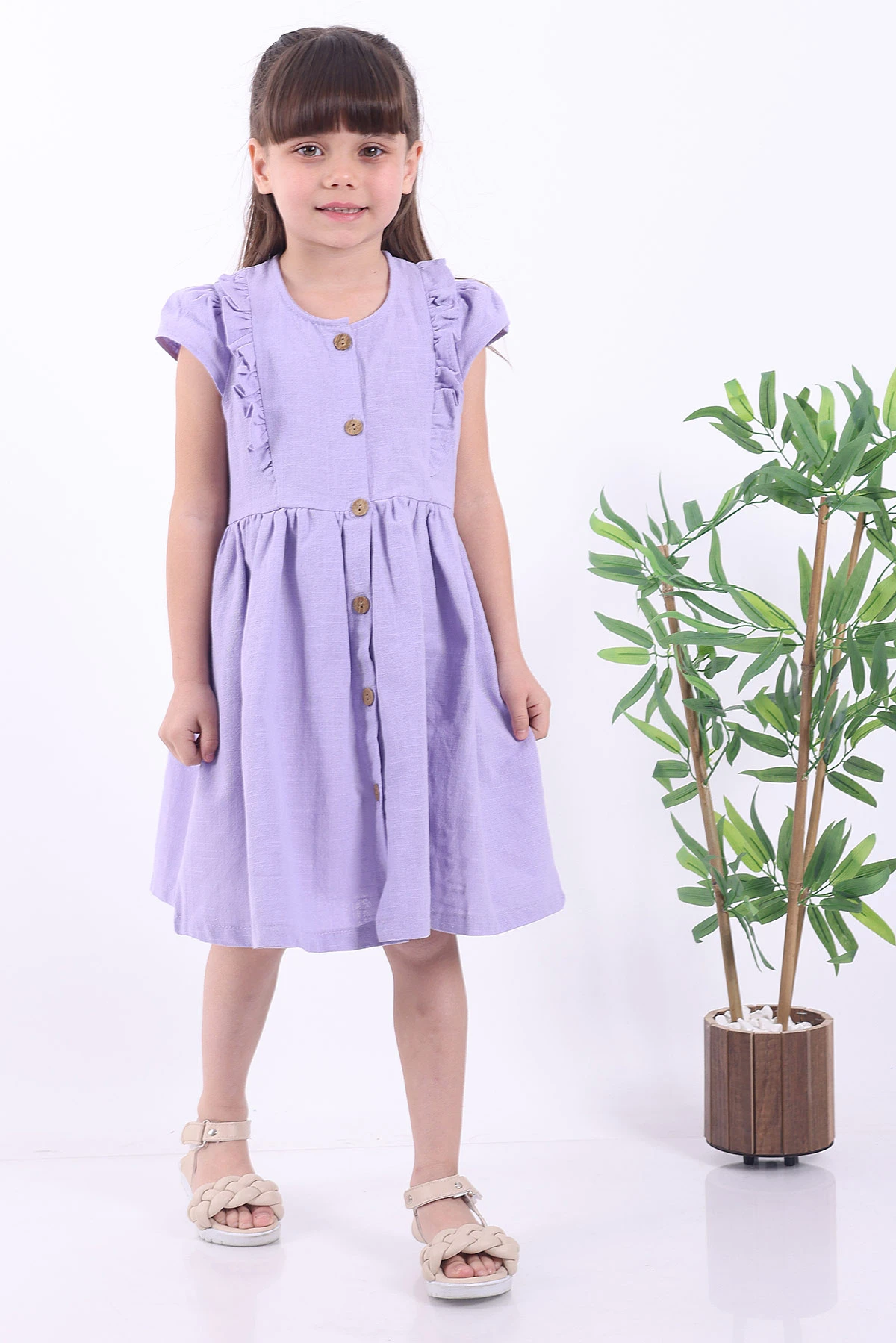 Lila (3-8 Yaş)Önden Fırfırlı Düğmeli Kız Çocuk Elbise 345127