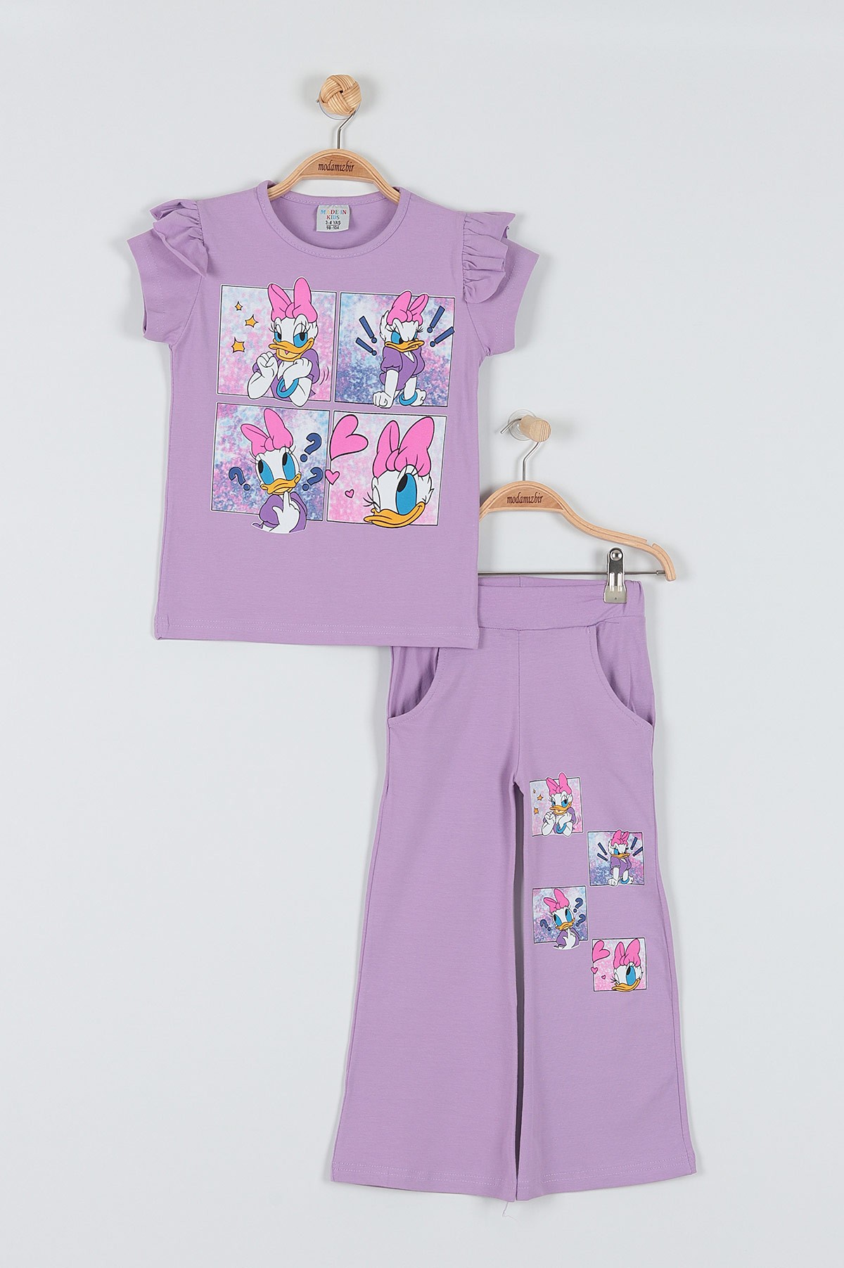 Lila (4-10 Yaş) Fiyonklu Ördek Baskılı Kol Fırfırlı İspanyol Paça Kız Çocuk Takım 177649