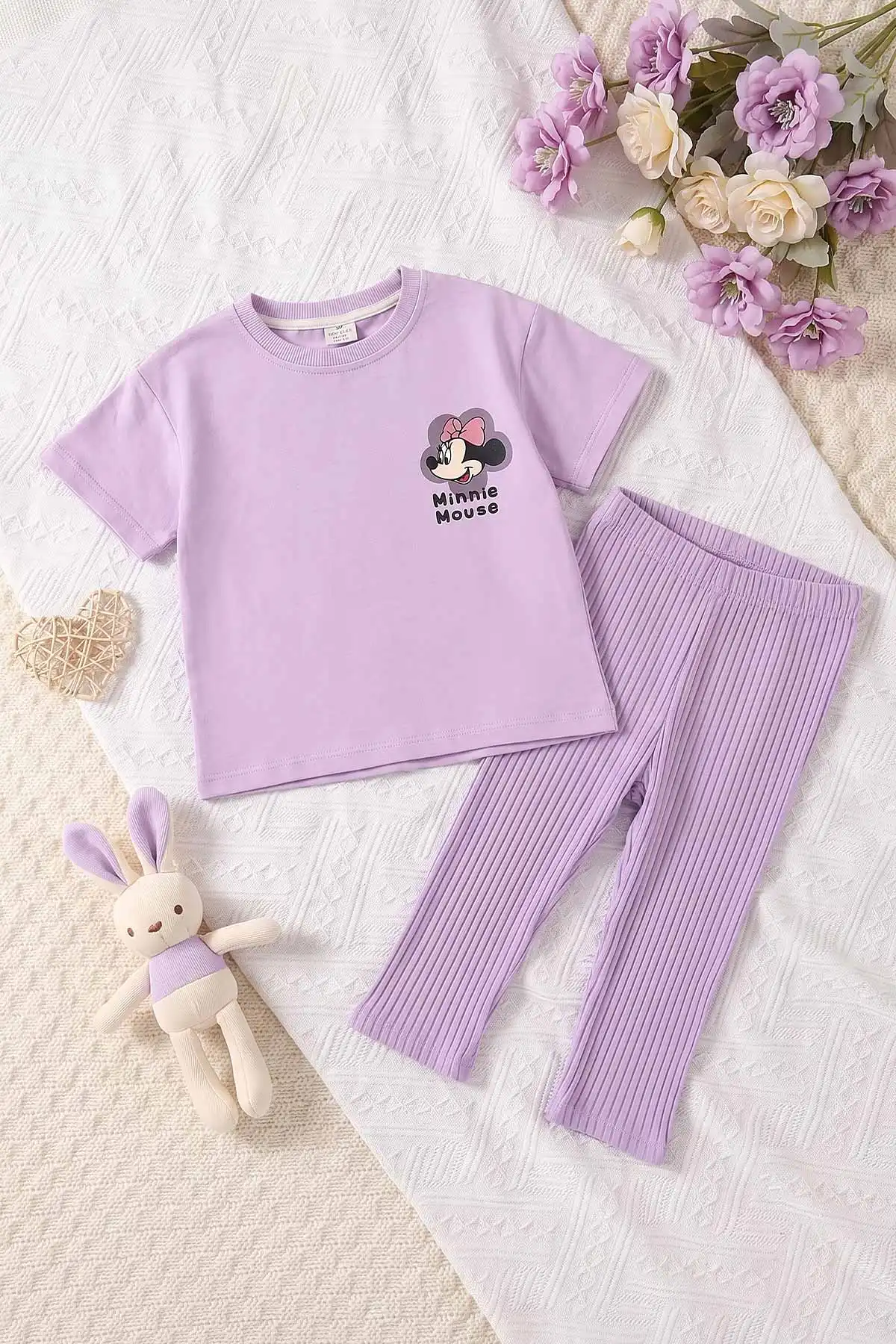 Lila (4-10 Yaş) Ön Arka Karakter Baskılı  Bilek Üstü Kapri Taytlı Kız Çocuk Takım 469846