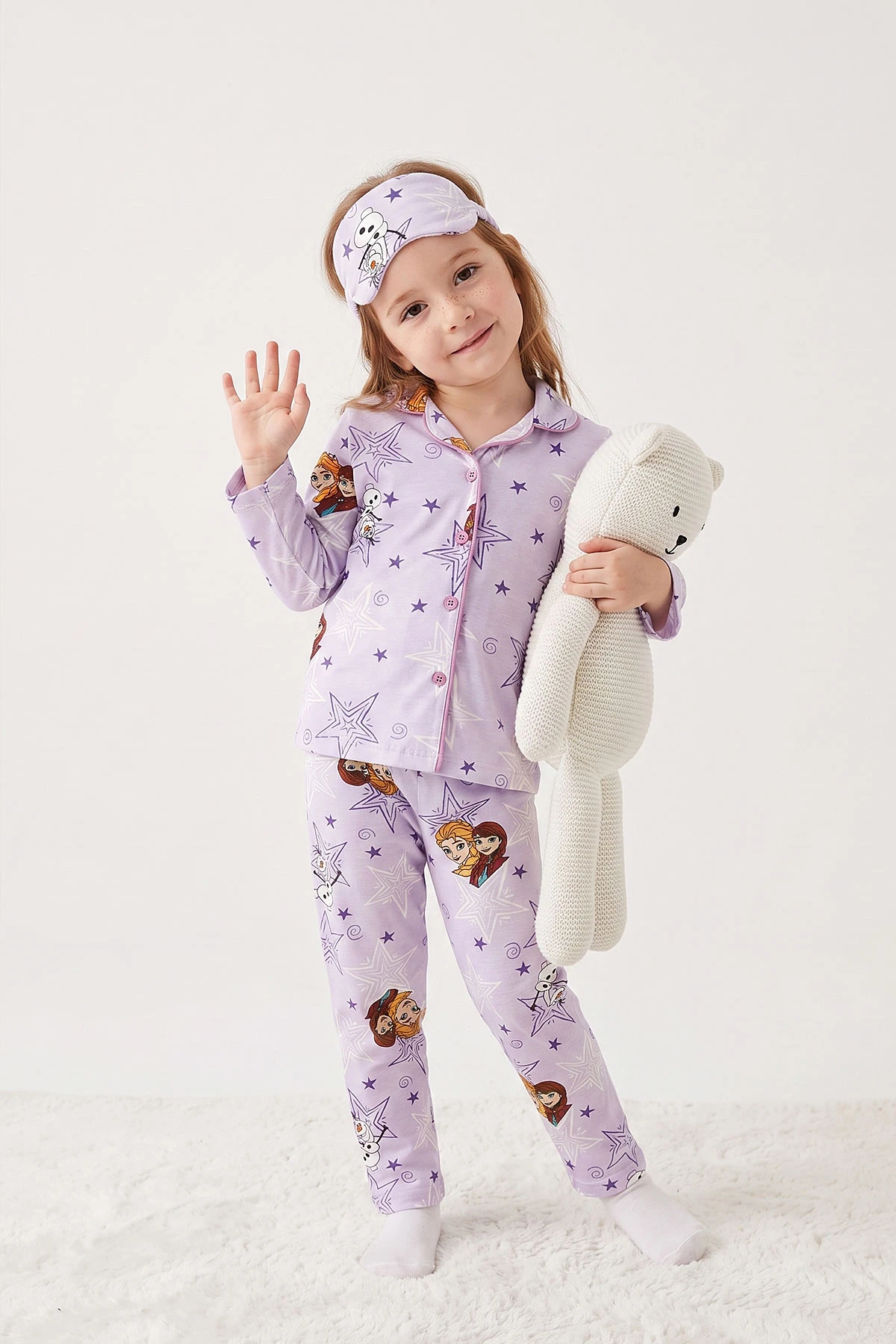 Lila (4-12 Yaş) Desenli   Uzun Kol  Ön Düğmeli Göz Bandı Detaylı Kız Çocuk Pijama Takım 473651