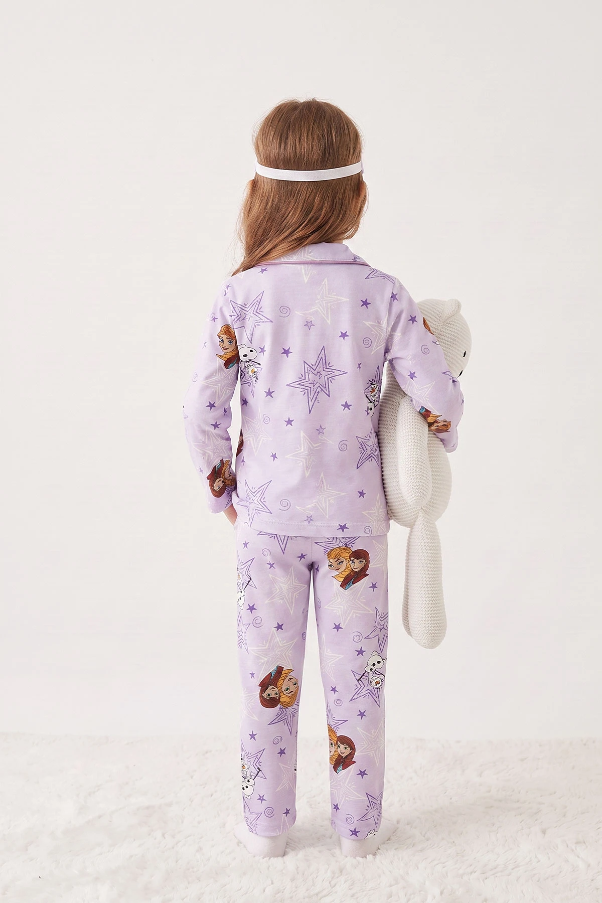 Lila (4-12 Yaş) Desenli   Uzun Kol  Ön Düğmeli Göz Bandı Detaylı Kız Çocuk Pijama Takım 473651