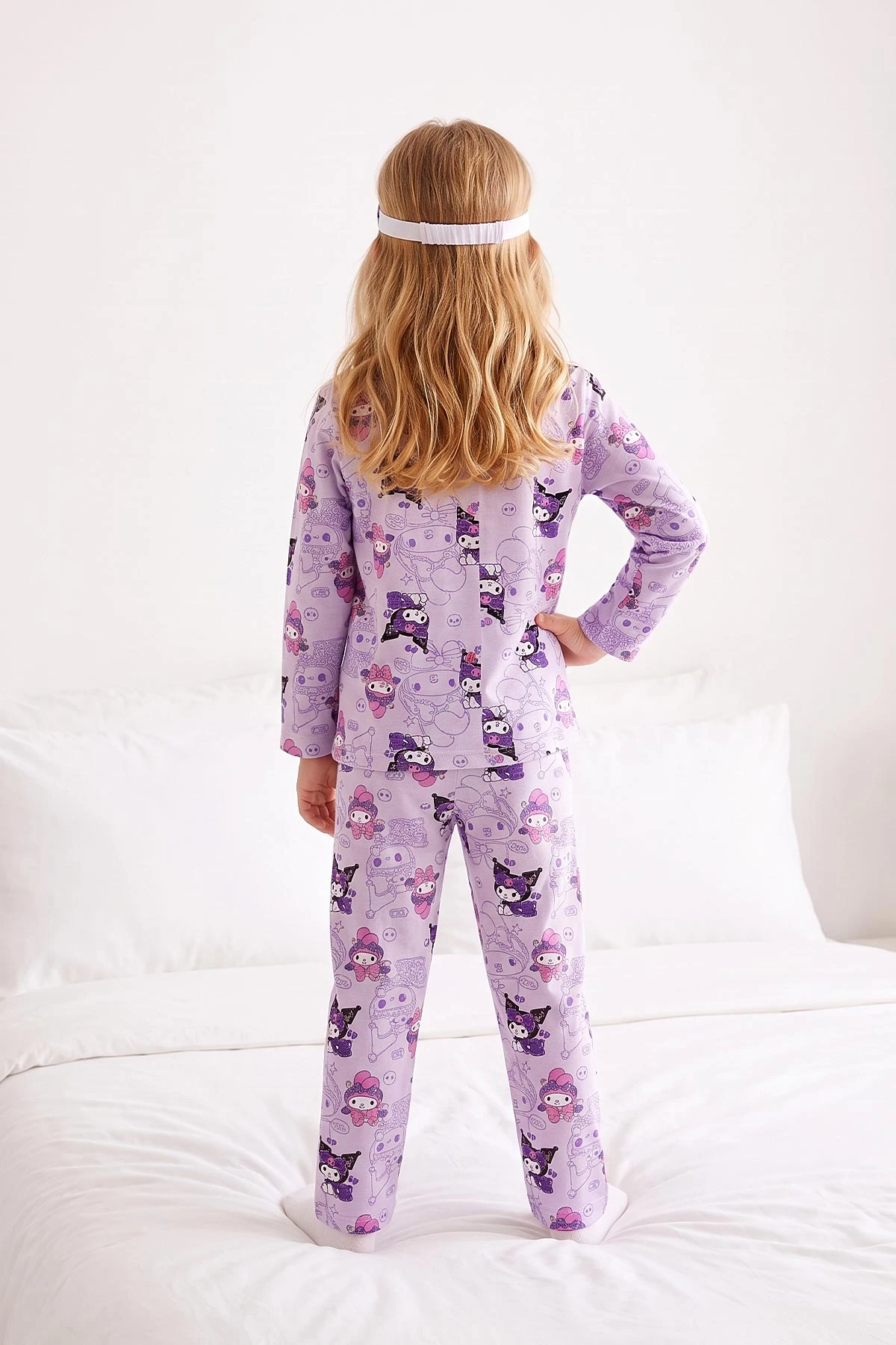 Lila (4-12 Yaş) Desenli   Uzun Kol  Ön Düğmeli Göz Bandı Detaylı Kız Çocuk Pijama Takım 473659