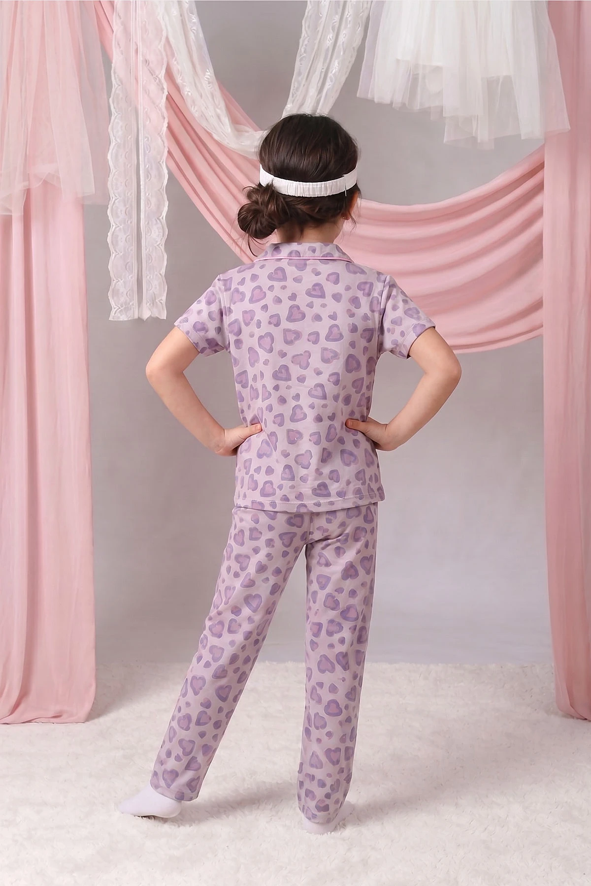 Lila (4-12 Yaş) Kalp Desenli Kıl Biyeli Göz Bandı Detaylı Kız Çocuk Pijama Takım 460896