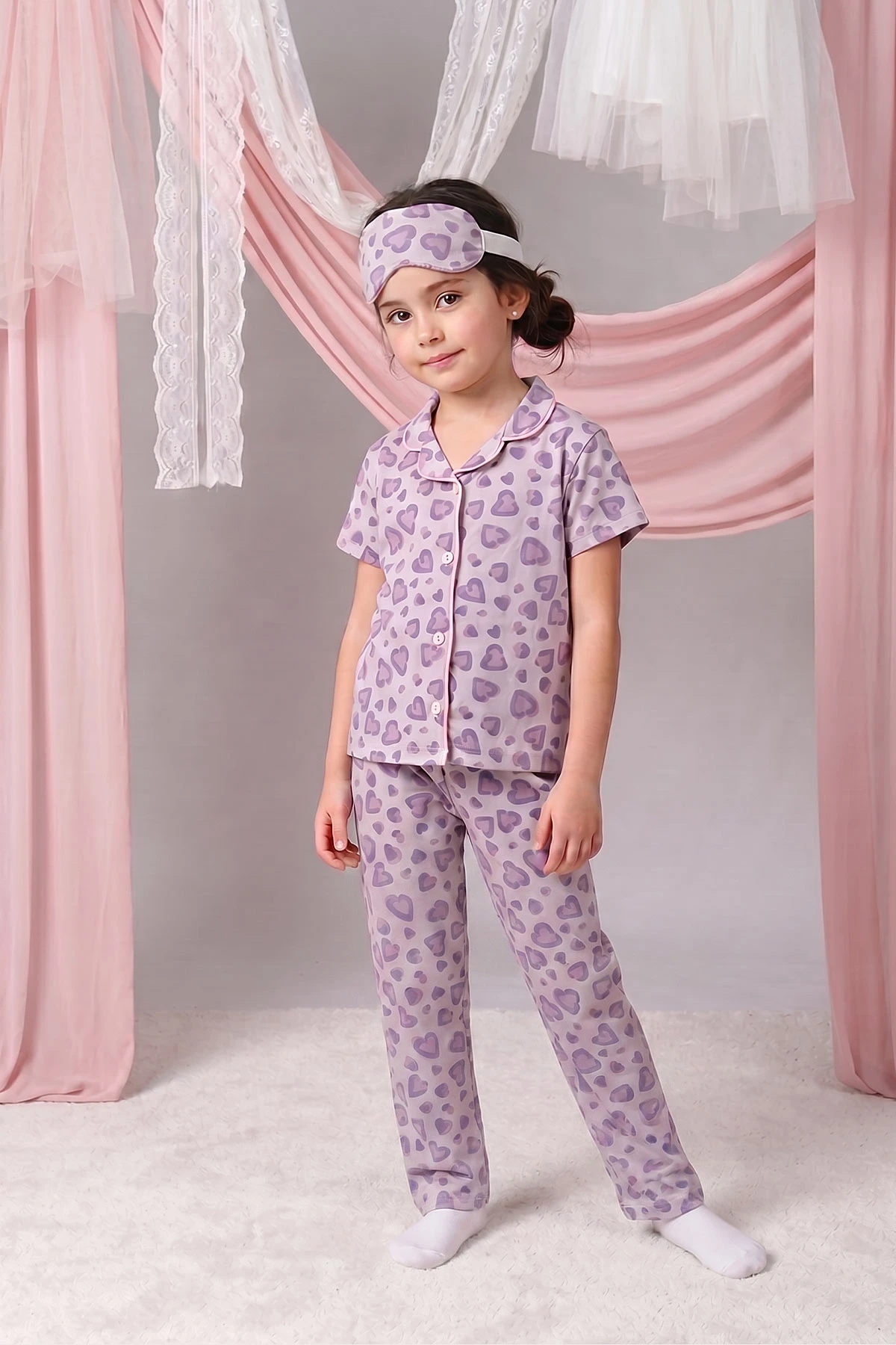 Lila (4-12 Yaş) Kalp Desenli Kıl Biyeli Göz Bandı Detaylı Kız Çocuk Pijama Takım 460896