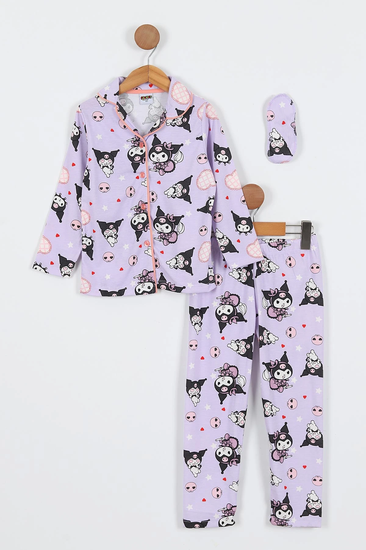 Lila (4-12 Yaş)Kalp  Baskılı Ön Düğmeli Göz Bandı Detaylı Kız Çocuk Pijama Takım 337928