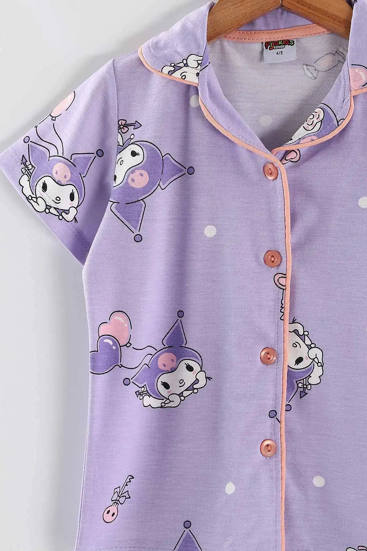 Lila (4-12 Yaş)Karakter  Baskılı Kısa Kol Ön Düğmeli Göz Bandı Detaylı Kız Çocuk Pijama Takım 453244
