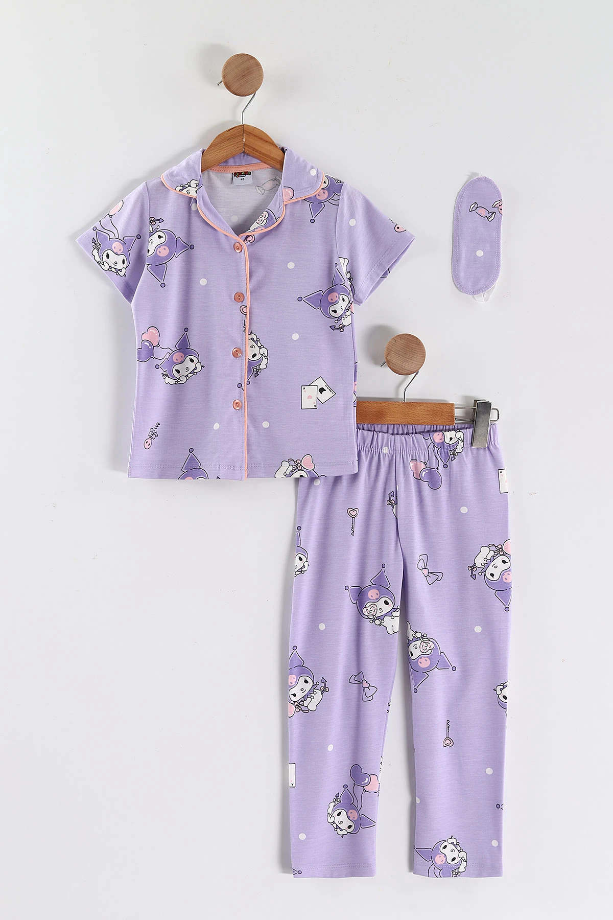Lila (4-12 Yaş)Karakter  Baskılı Kısa Kol Ön Düğmeli Göz Bandı Detaylı Kız Çocuk Pijama Takım 453244