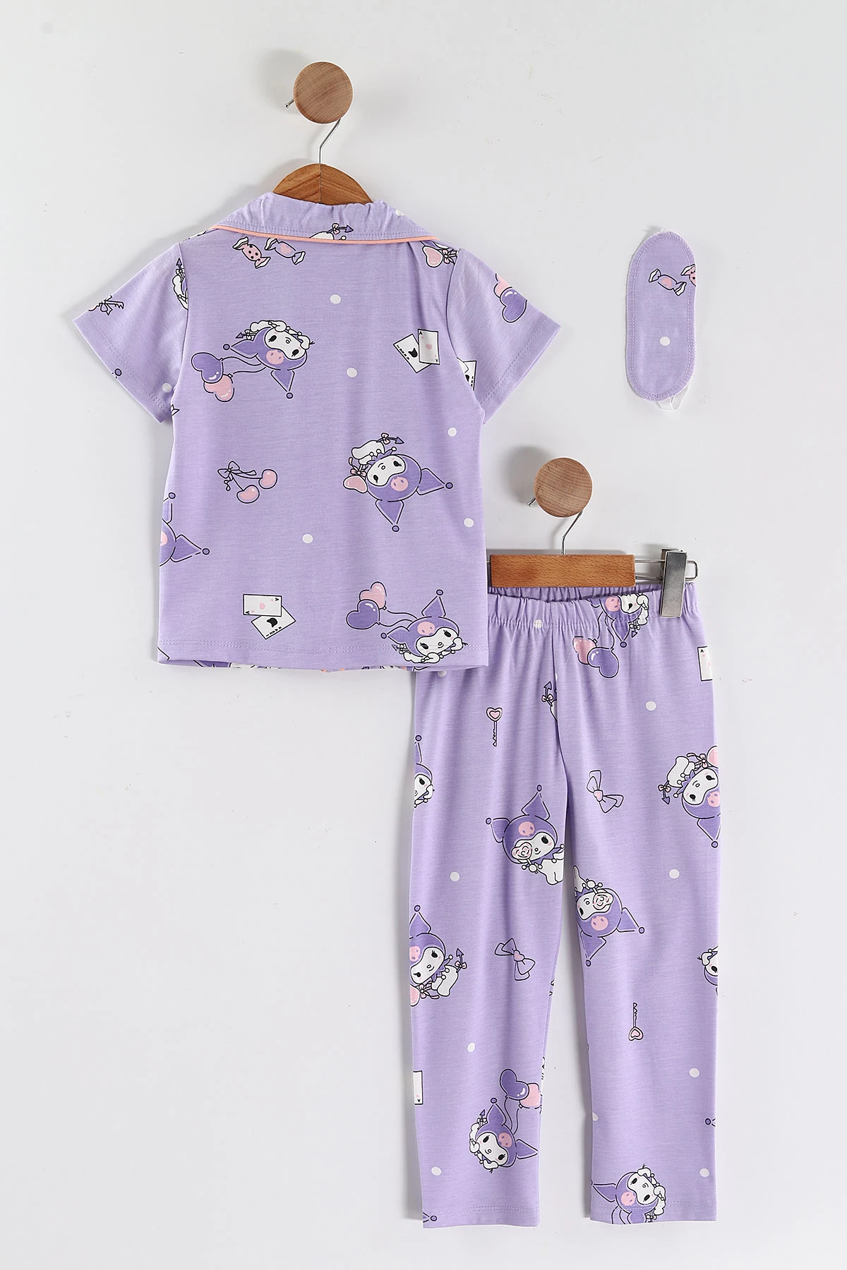 Lila (4-12 Yaş)Karakter  Baskılı Kısa Kol Ön Düğmeli Göz Bandı Detaylı Kız Çocuk Pijama Takım 453244