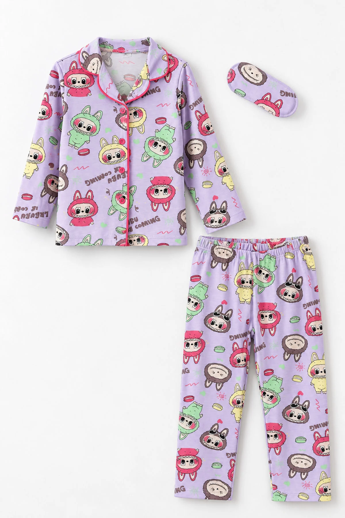 Lila (4-12 Yaş)Karakter Desenli   Uzun Kol  Ön Düğmeli  Kız Çocuk Pijama Takım 500677