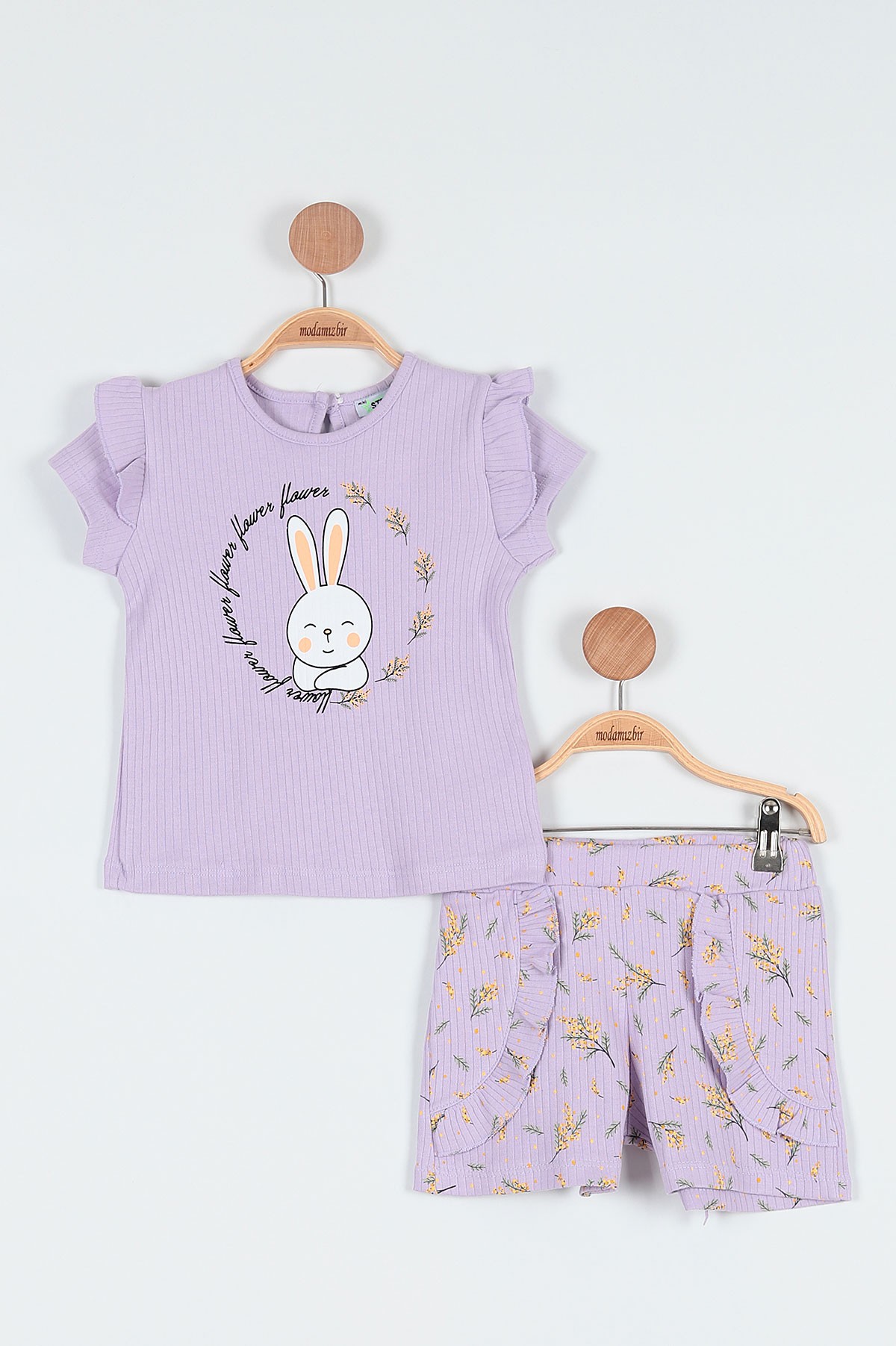 Lila (4-8 Yaş) Tavşan Baskılı Kol Fırfırlı Şortlu Kız Bebe Takım 191383