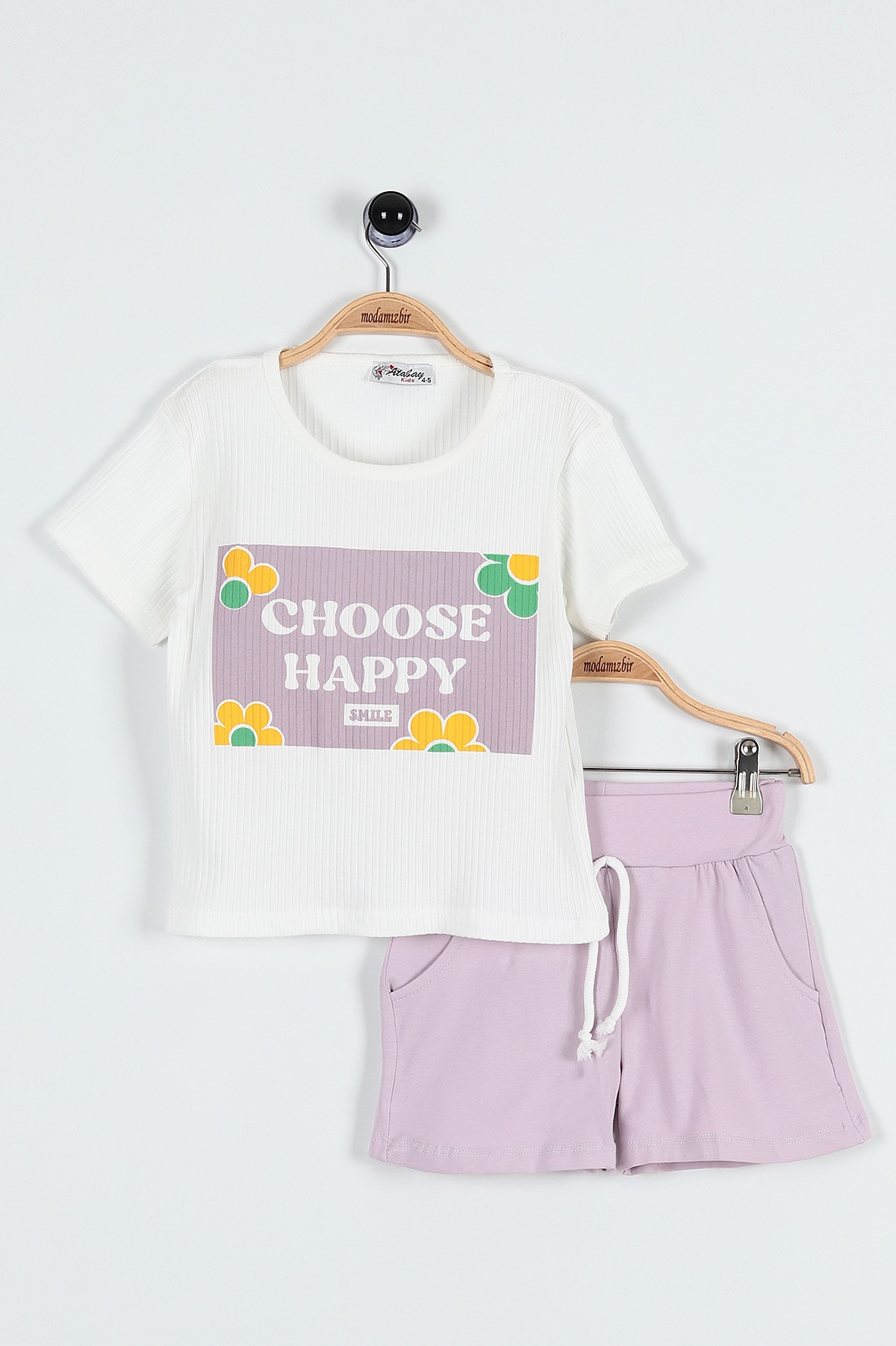 Lila (5-8 Yaş) Choose Happy Baskılı Şortlu Fitilli Kız Çocuk Takım 184833