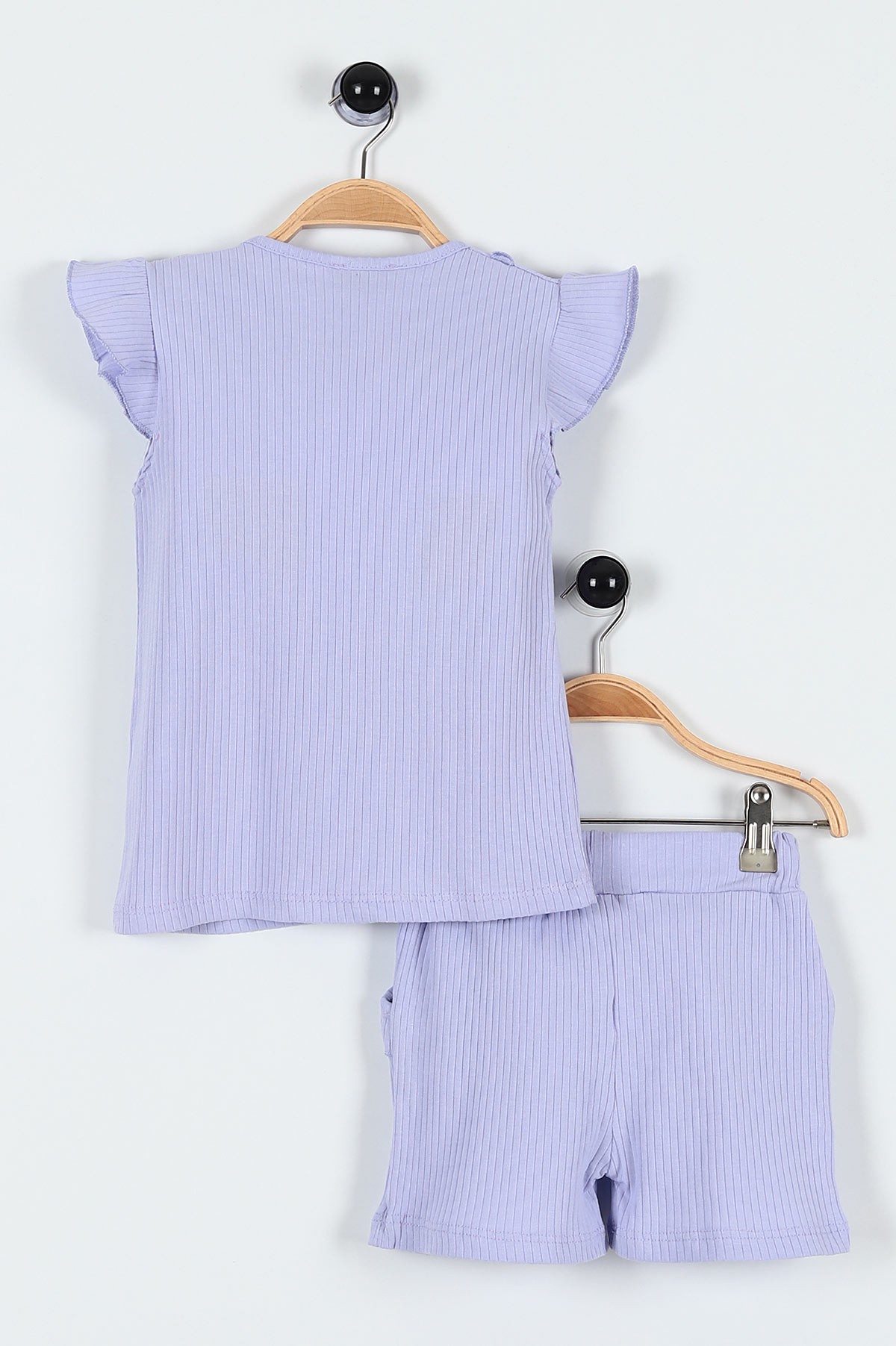 Lila (5-8 Yaş) Fiyonklu Fitilli Yaka Cep Detaylı Şortlu Kız Bebe Takım 184807