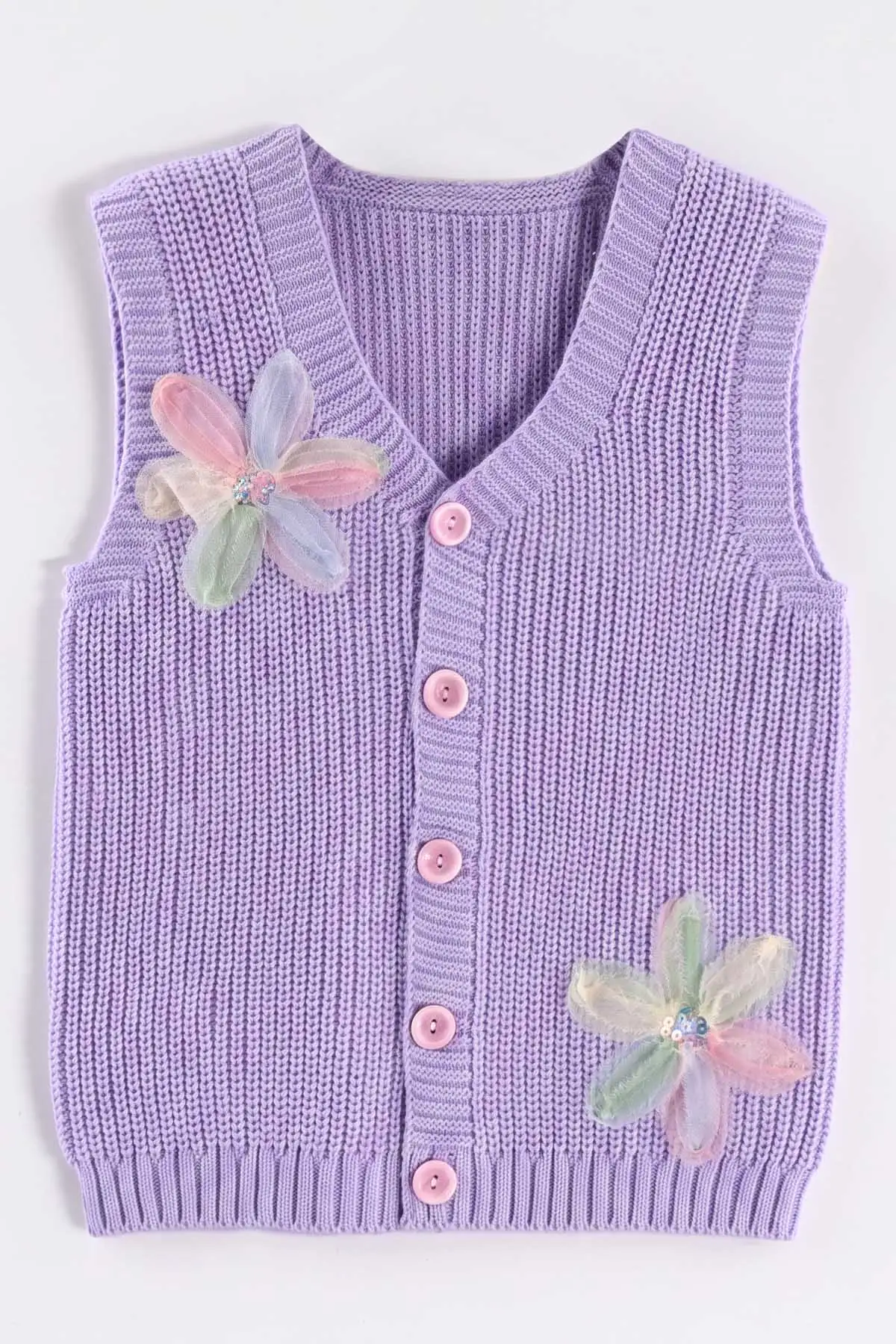 Lila (5-8 Yaş) Pullu Çiçek Motifli Triko Selanik Kız Çocuk Yelek 474274