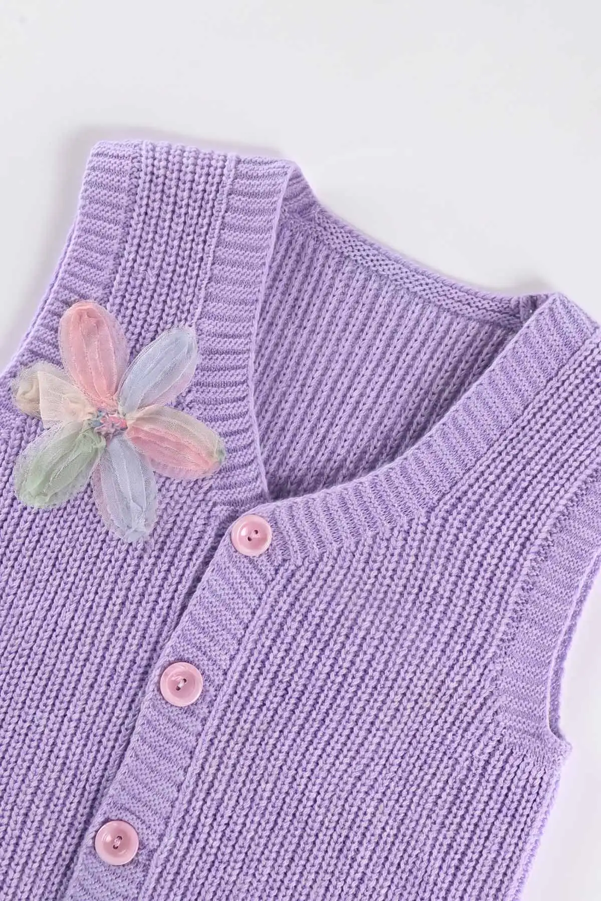 Lila (5-8 Yaş) Pullu Çiçek Motifli Triko Selanik Kız Çocuk Yelek 474274