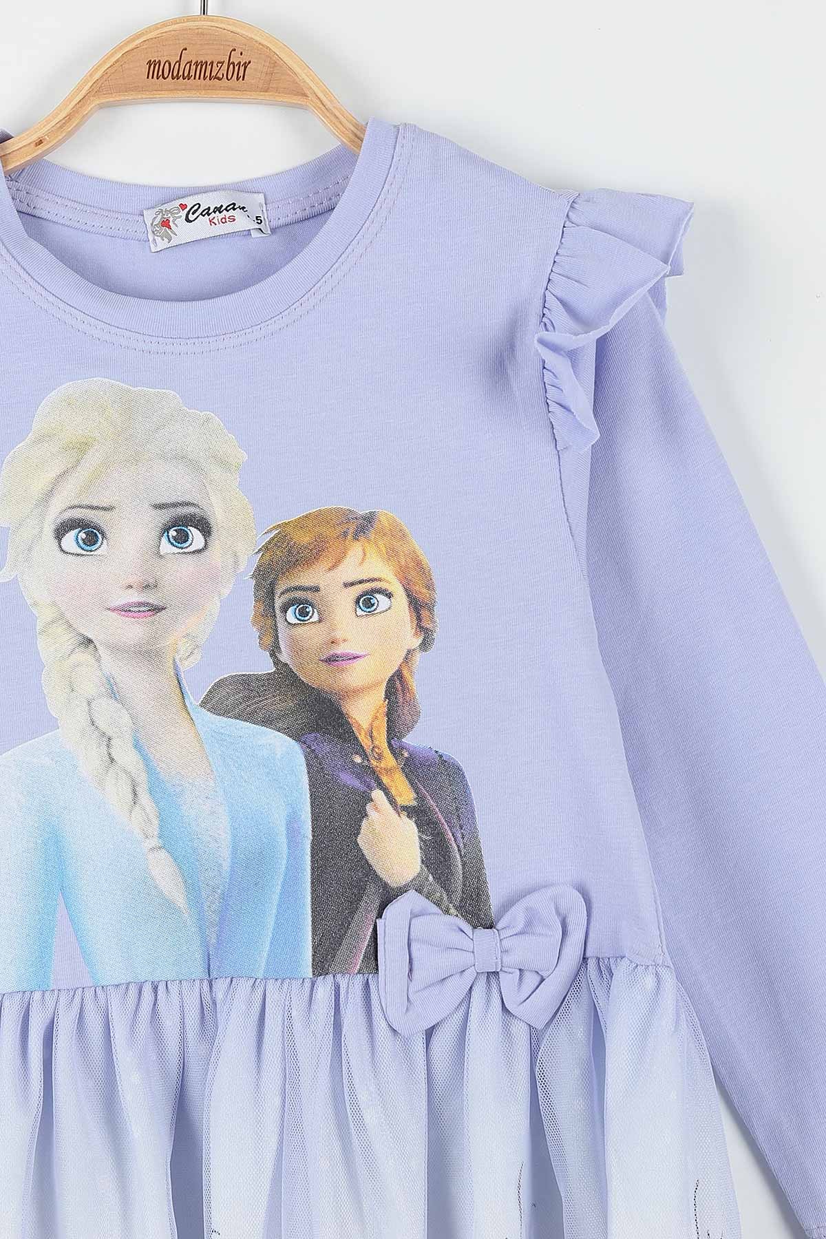 Lila (5-8Yaş) Elsa Baskılı Uzun Kollu Kız Çocuk Elbise 174917