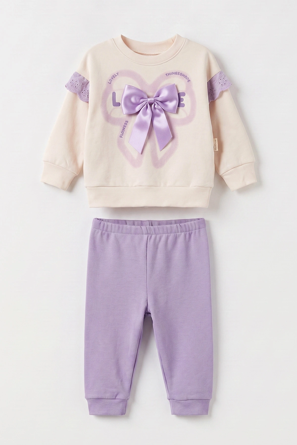 Lila (6-18 Ay)  Fiyonk Baskılı Kol Güpürlü Kız Bebek 2'li Takım 475910