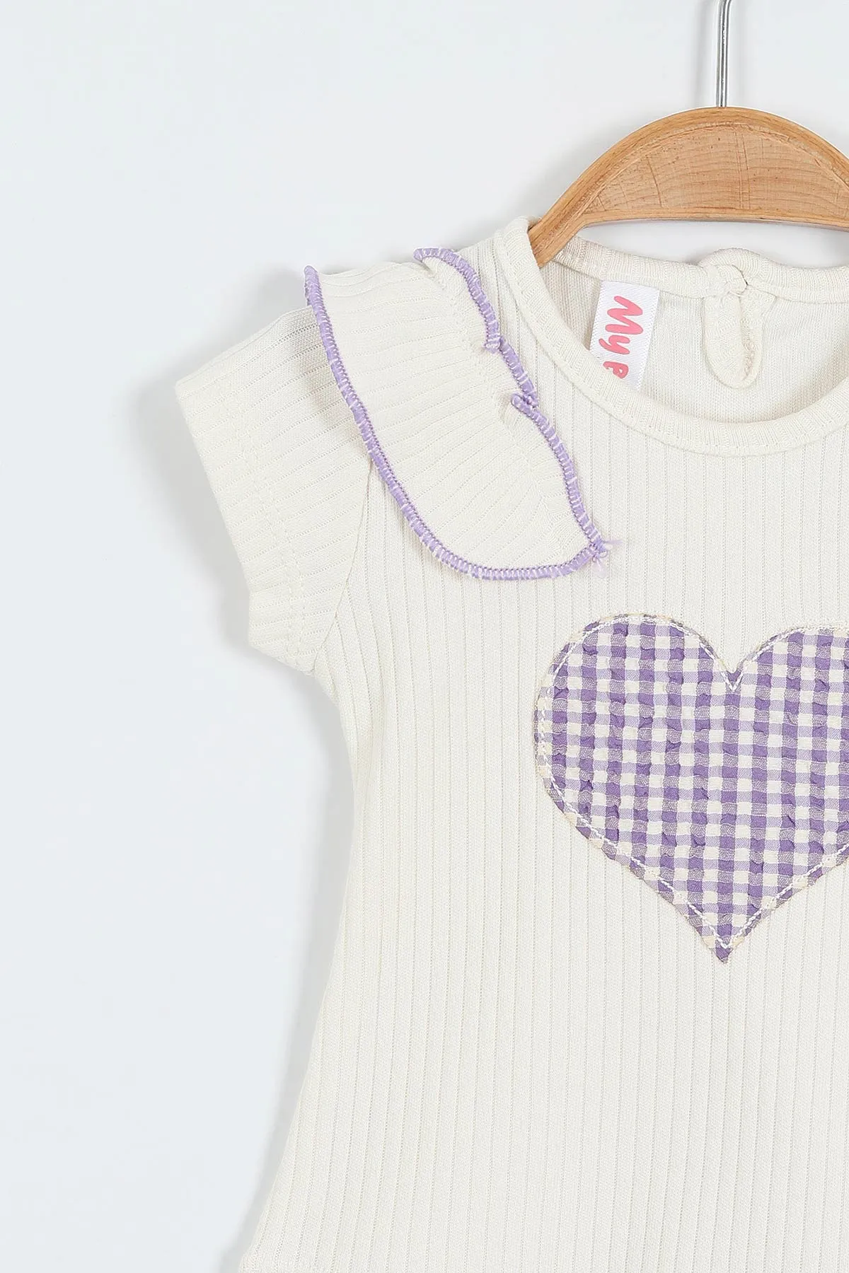 Lila (6-18 Ay)Kalp Nakışlı Ekose Desen Kız Bebek Yazlık Takım 357470
