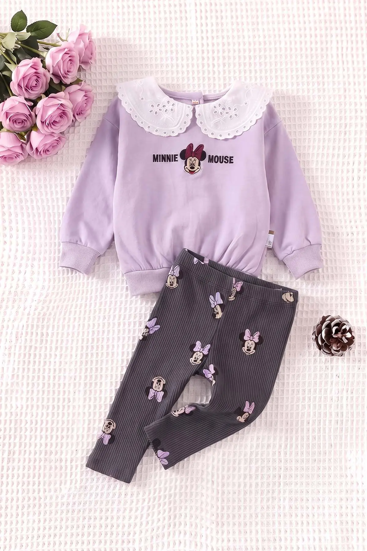Lila (6-24 Ay) Brode Yaka Karakter Nakışlı Fitilli Taytlı Kız Bebek Takım 480140