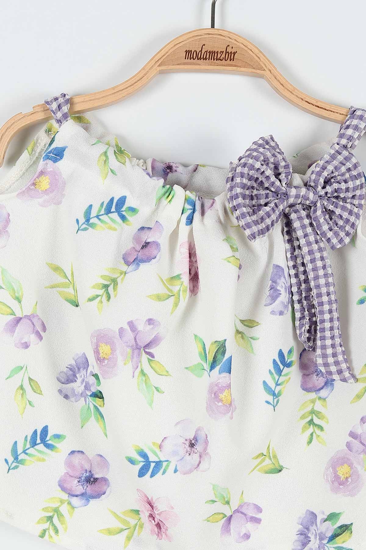 Lila (6-24 Ay) Çiçek Baskılı Fiyonklu Askılı Şortlu Kız Bebe Takım 184458