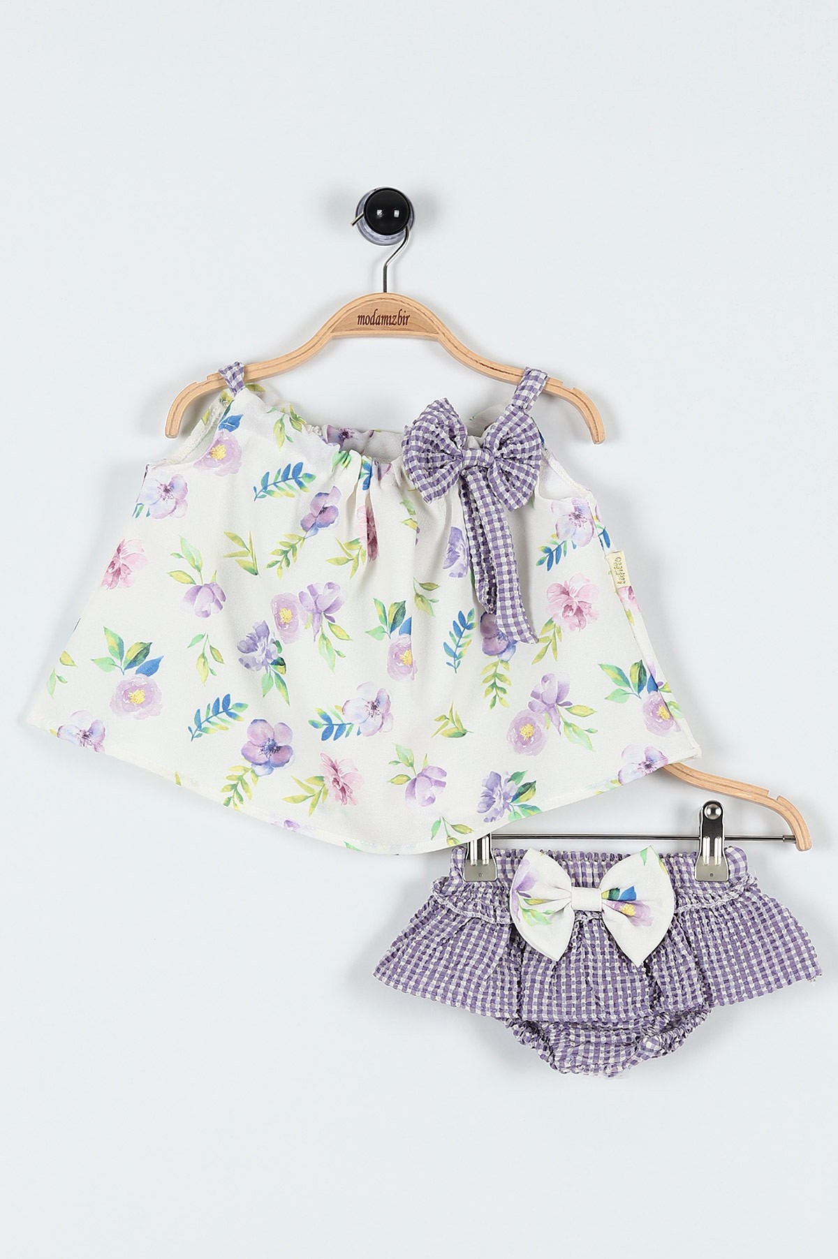 Lila (6-24 Ay) Çiçek Baskılı Fiyonklu Askılı Şortlu Kız Bebe Takım 184458