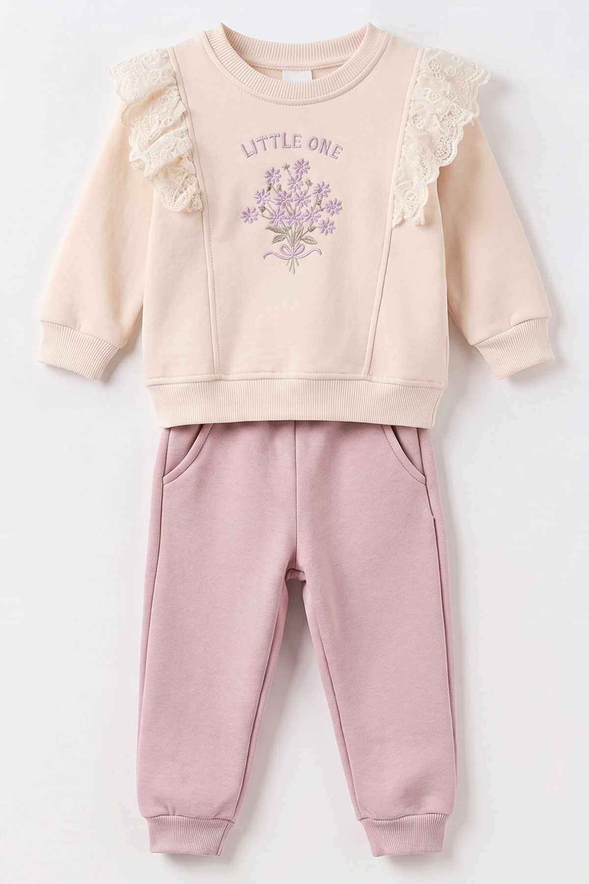 Lila (6-24 Ay) Çiçek Nakışlı Fırfırlı Dantelli 3 İp Kız Bebek Kışlık Takım 493656