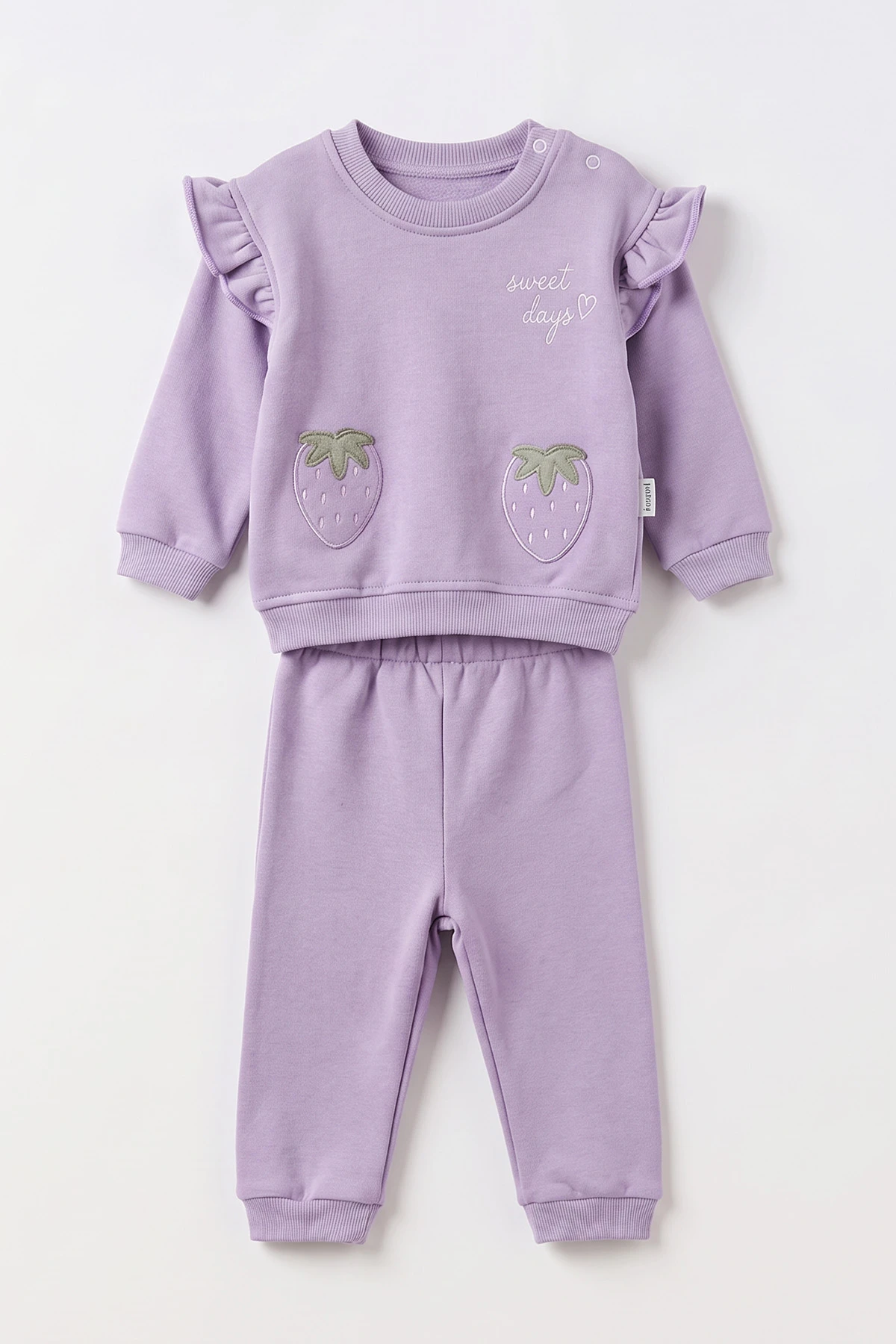 Lila (6-24 Ay) Çilek Nakışlı Omuzdan Fırfırlı 3 İp Şardonlu Kız Bebek Kışlık Takım 499393