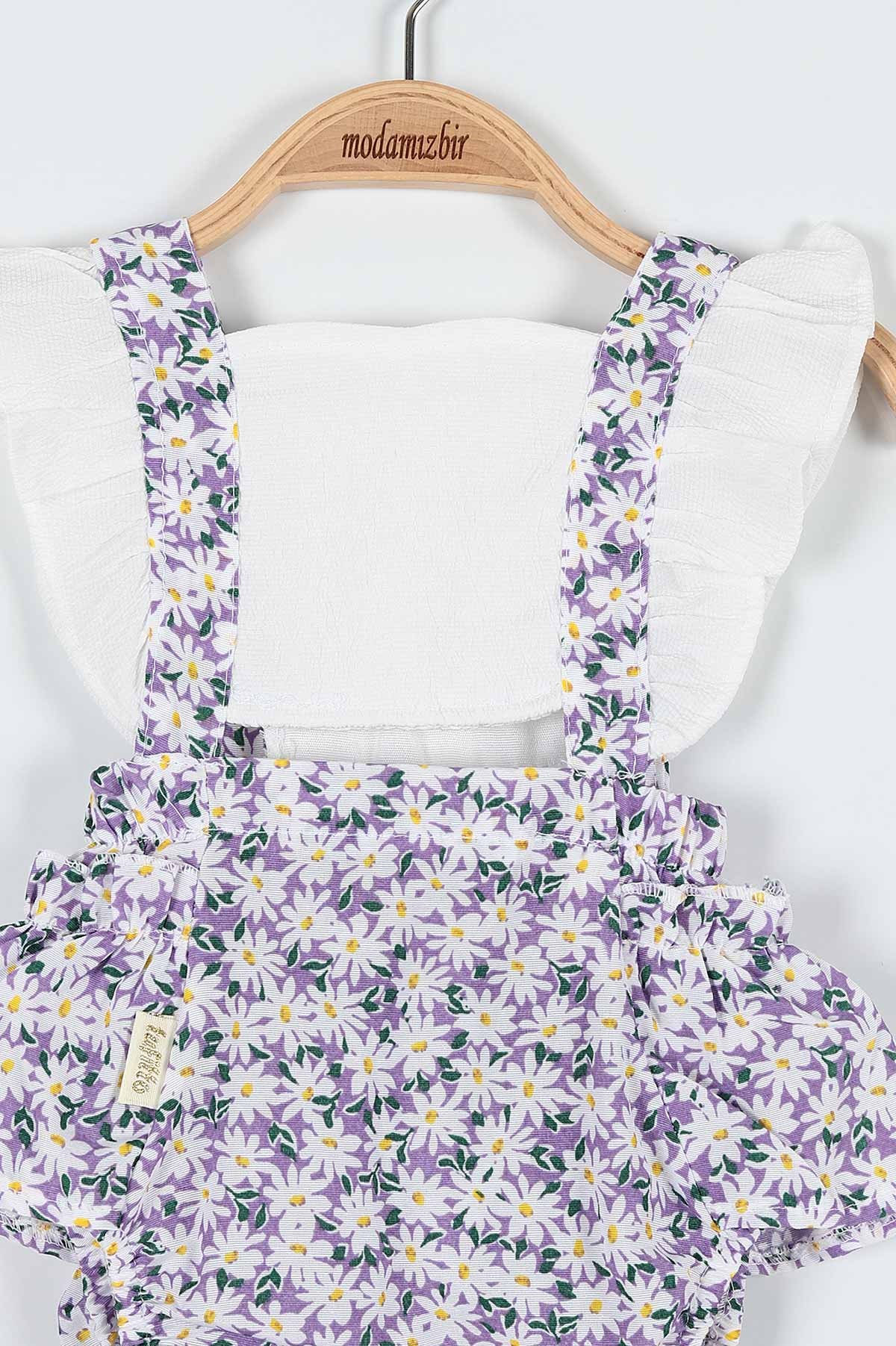 Lila (6-24 Ay) Fırfırlı Çiçek Baskılı Askılı Şortlu Kız Bebe Romper 184460