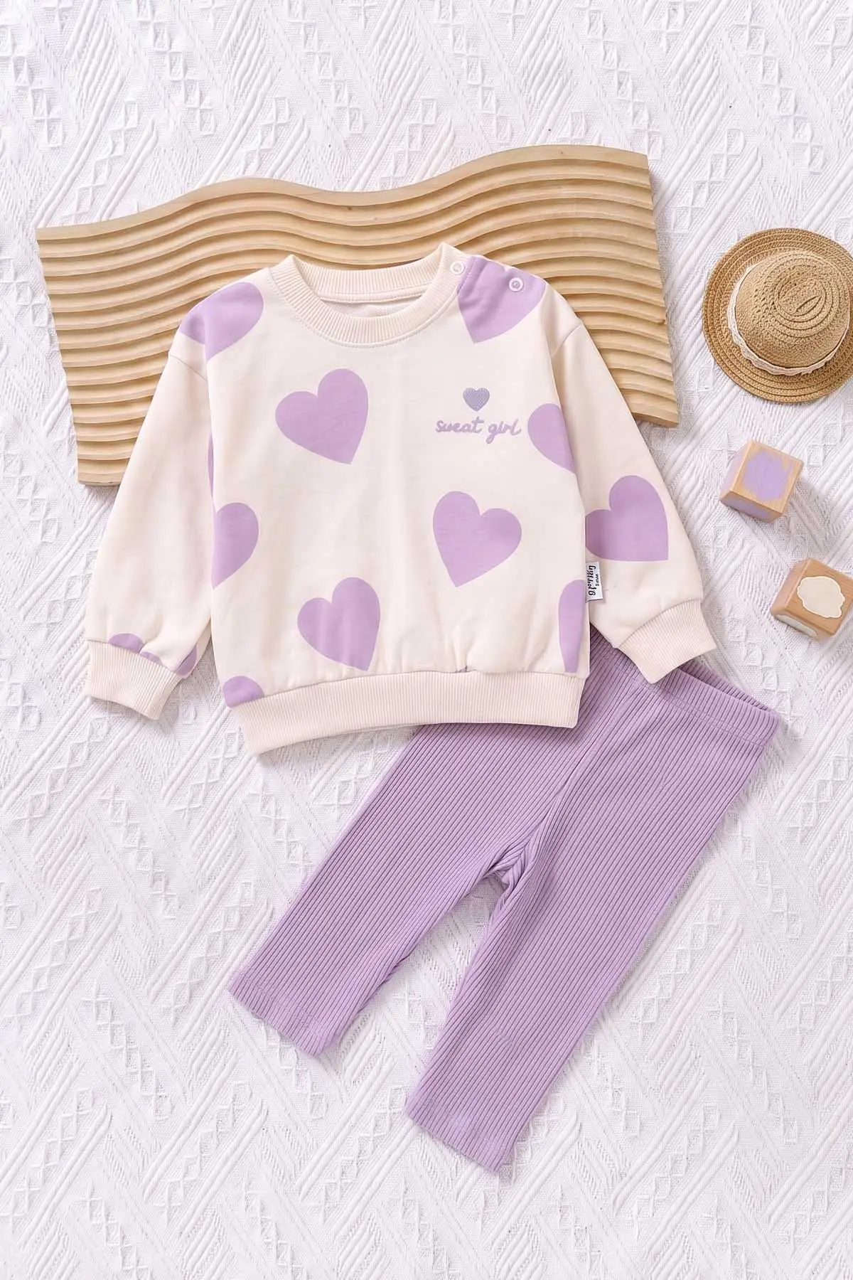 Lila (6-24 Ay) Kalp Desenli Nakışlı Fitilli Taytlı Kız Bebek Takım 478673