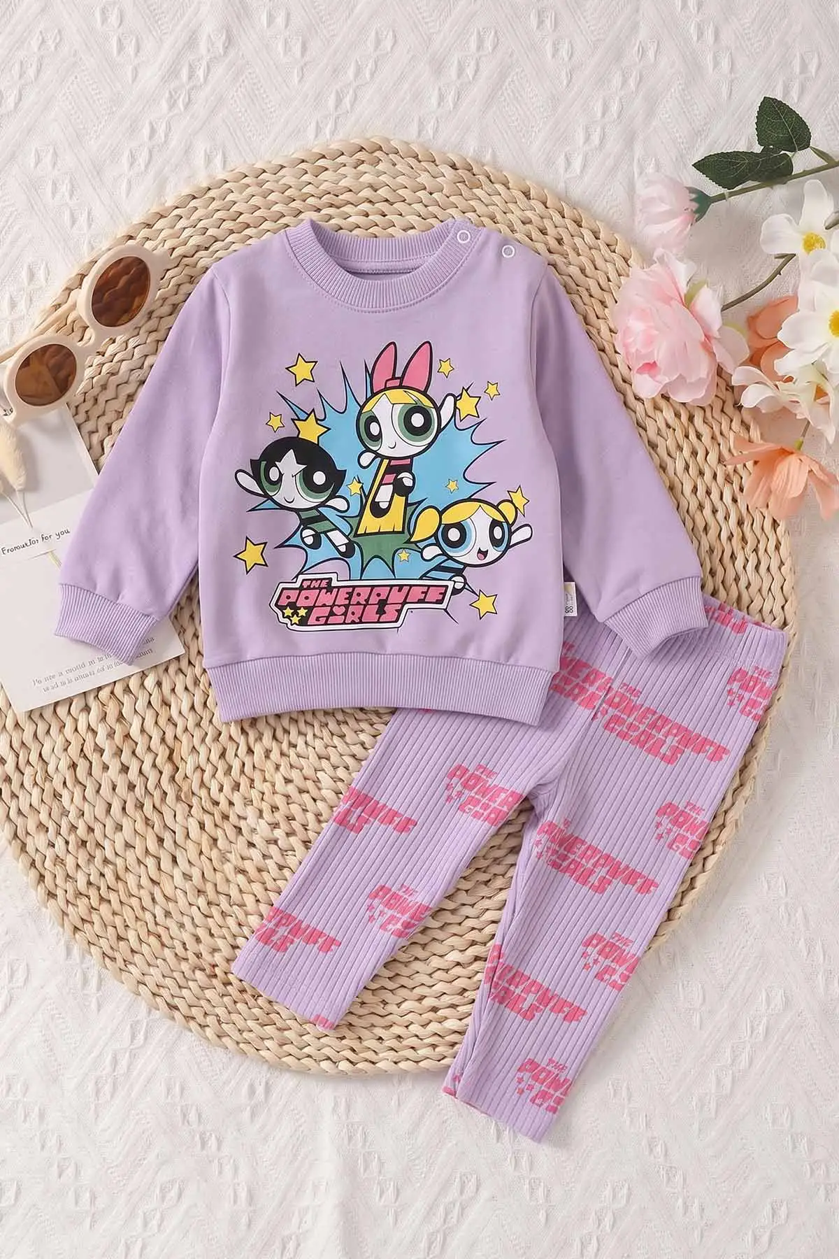 Lila (6-24 Ay) Karakter Baskılı Fitilli Taytlı 2'li Kız Bebek Takım 472679
