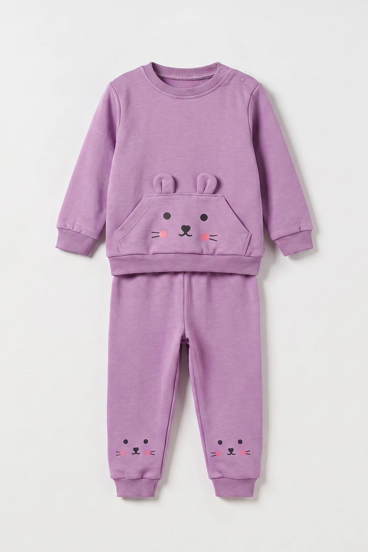 Lila (6-24 Ay) Kedi Desenli Kulaklı  Penye Kız Bebek Takım 485396