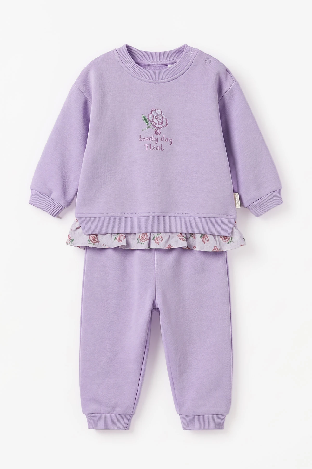 Lila (6-24 Ay) Müslin Fırfırlı Gül Nakışlı 3 İp Şardonlu Kız Bebek Kışlık Takım 499709