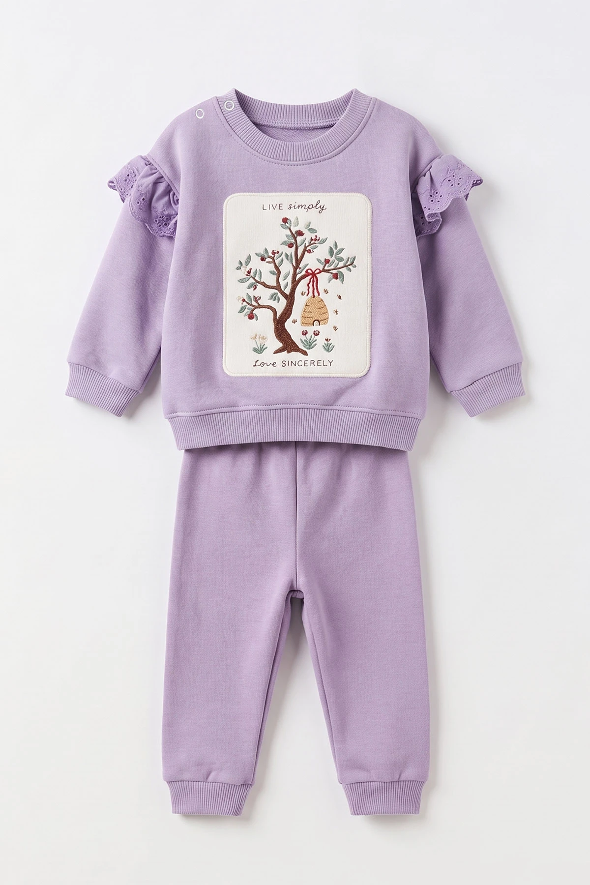 Lila (6-24 Ay) Nakışlı Omuzdan Güpürlü İçi Şardonlu Kız Bebek Kışlık Takım 497058